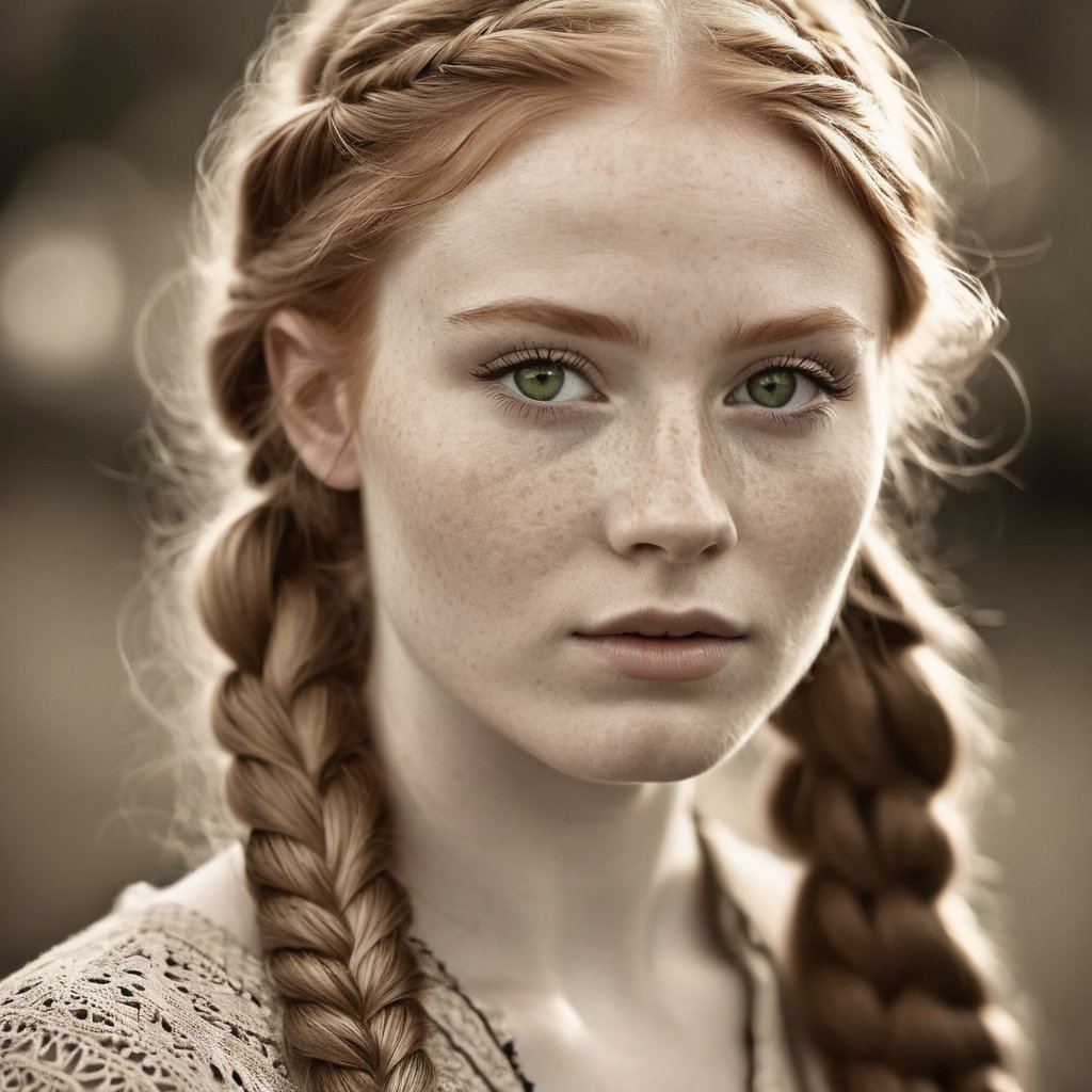 A black and white photograph, close up, beautiful young woman, detailed gorgeous face, freckled skin, pale skin, long hair, thick ginger fishtail braids, green eyes, ultra realistic, detailed and intricate, cinematic lighting, ultra detailed, sharp focus, 8k high definition, nice bokeh, Leica 35mm F2.8, dark tone, intricate details, highly detailed, black and white photograph, dimly lit, monochrome, platinotype