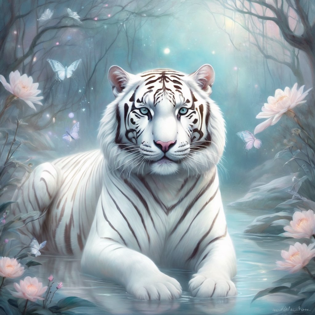 Ethereal white tiger (impressionist:1.2) in a dreamlike, surreal landscape. The white tiger is depicted in soft, dreamy brushstrokes, surrounded by floating lights and mystical fairylike creatures. The scene exudes an ethereal quality with pastel hues and a sense of otherworldly wonder.