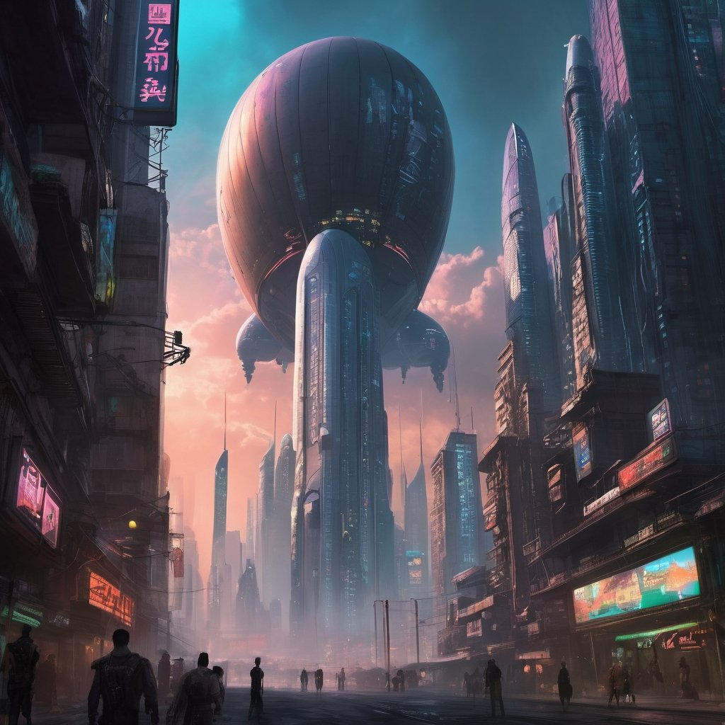 In this dystopian dreamscape, the cyberpunk skyline reigns supreme. Skyscrapers soar towards the heavens, their windows aglow with a kaleidoscope of colors. Blimps, colossal and serene, traverse the sky, casting eerie shadows on the teeming streets below, where augmented reality billboards flicker with seductive promises.