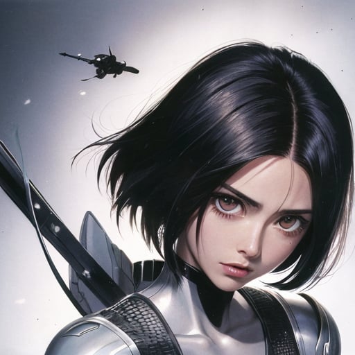 "Battle Angel Alita" by Yukito Kishiro, manga style Create a painting with a Manga-style theme from the american manga "Battle Angel Alita" by Yukito Kishiro, manga style , focusing on capturing the unique art and storytelling style present in Japanese comics. Emphasize exaggerated features and emotions to fully embody this distinctive aesthetic.