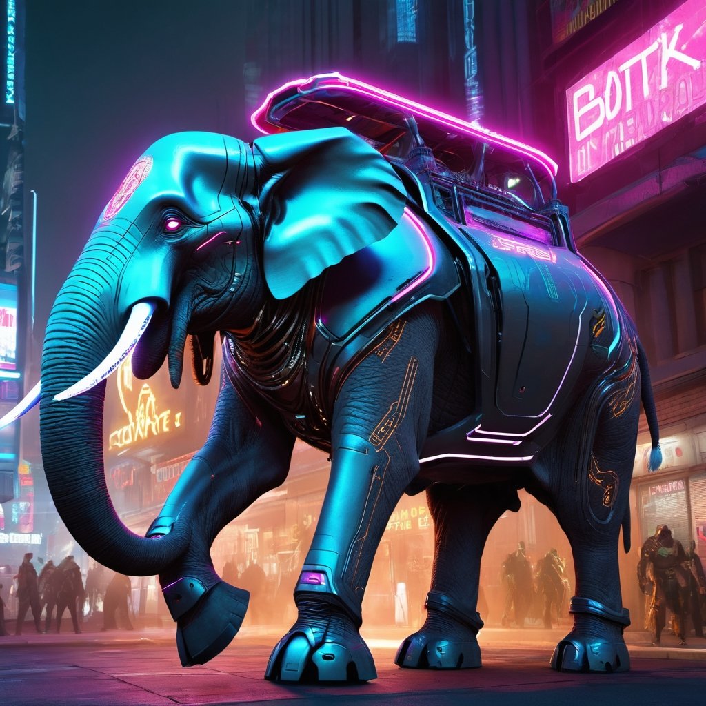 Futuristic Battle Elephant (cyberpunk:1.2) as a high-tech guardian of a neon-lit city. The Battle Elephant is decked out in futuristic armor and the tusks are crackling with dark energy. The scene is a fusion of ancient mythology and cutting-edge technology, with bold neon colors and a sense of cyberpunk coolness.