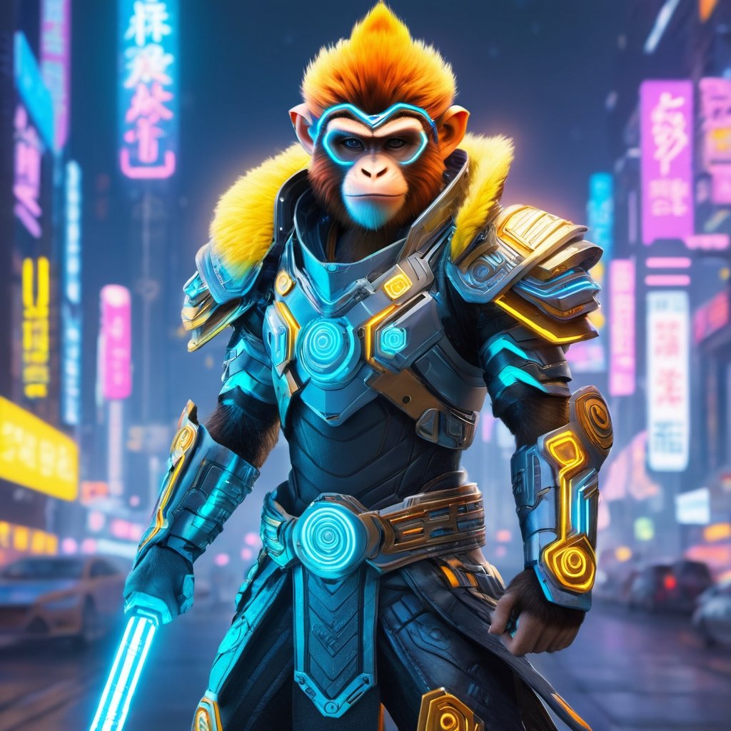 Futuristic Monkey King (cyberpunk:1.2) as a high-tech guardian of a neon-lit city. The Monkey King is decked out in futuristic armor and wields a staff crackling with energy. The scene is a fusion of ancient mythology and cutting-edge technology, with bold neon colors and a sense of cyberpunk coolness.