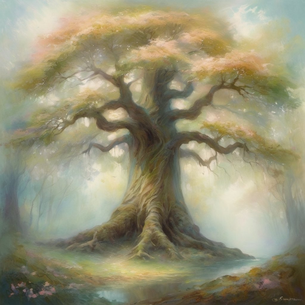 Ethereal forest giant tree (impressionist:1.2) in a dreamlike, surreal landscape. The giant tree is depicted in soft, dreamy brushstrokes, surrounded by floating leaves and mystical fairies. The scene exudes an ethereal quality with pastel hues and a sense of otherworldly wonder.