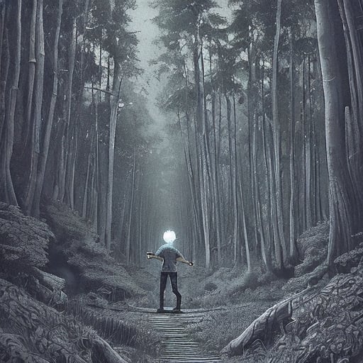 Scott Pilgrim on a labyrinth trail to the portal old deep gloomy forest dark blue tone, intricate details, highly detailed