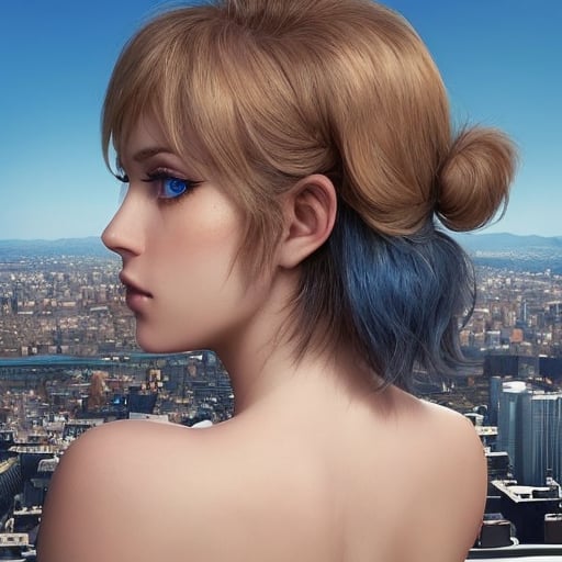 Scott Pilgrim, Back, (from back:1.4), Solo, (intricate detail, makeups), (detailed beautiful delicate face, fine beautiful delicate eyes, a face of perfect proportion), (Glossy skin:1.3), fine detailed skin, strong and realistic blue eyeslooking at the city, looking away, overlooking a modern city, Sky - High View, Sky view
