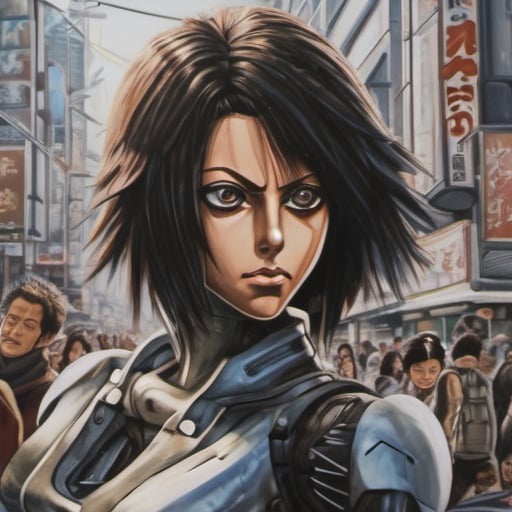 tokyo street view painting of (Battle Angel Alita), medium shot