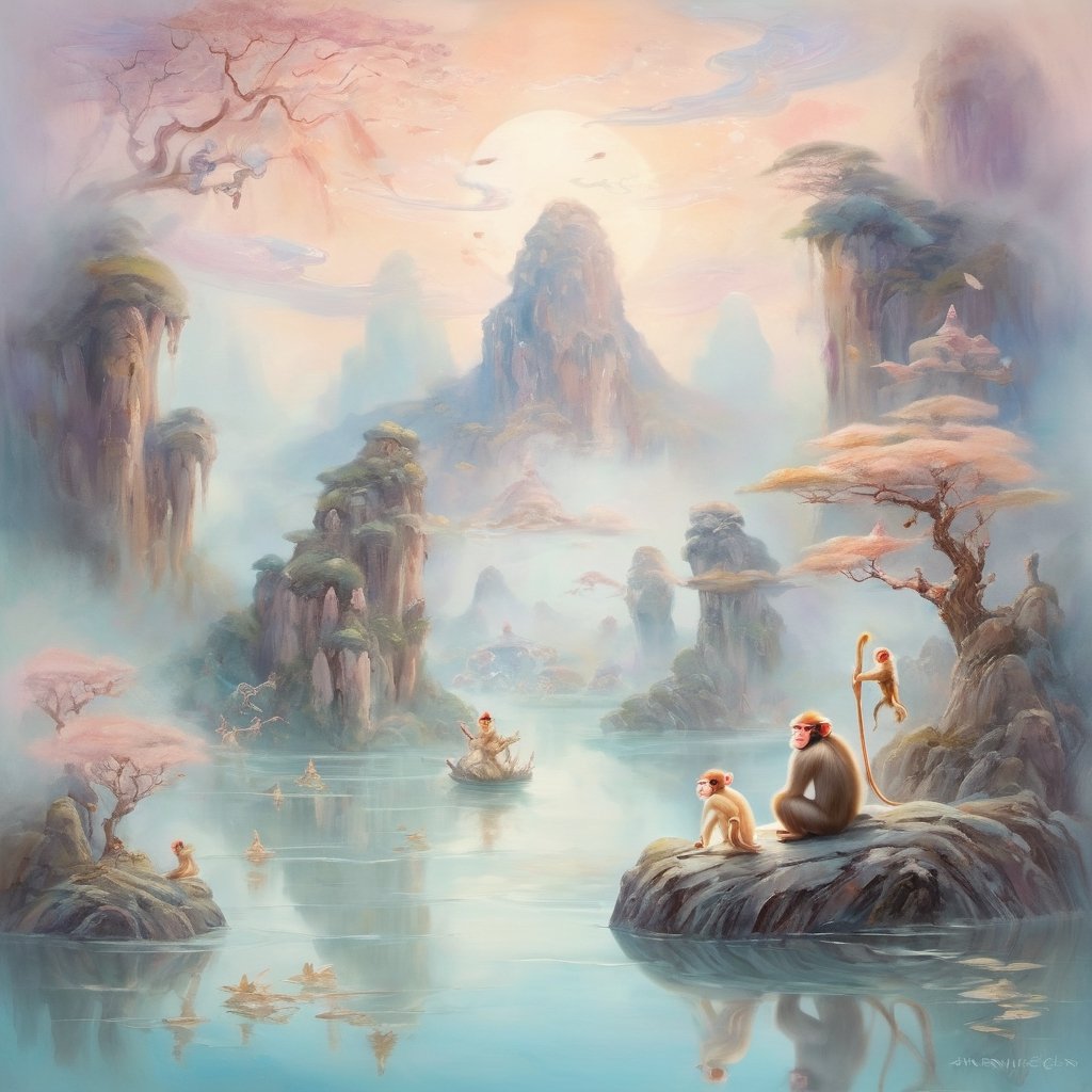 Ethereal Monkey King (impressionist:1.2) in a dreamlike, surreal landscape. The Monkey King is depicted in soft, dreamy brushstrokes, surrounded by floating islands and mystical creatures. The scene exudes an ethereal quality with pastel hues and a sense of otherworldly wonder.