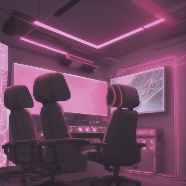 A gaming lofi studio room, walls are black and red patterns. Led lights in the room, black and red gaming chair, with 3 motors with a expensive PC, NIce dercorations, a neon sign that says TV and is glowing red. The time is night. Ultra deltaied, cinematic ligthing, great quality 