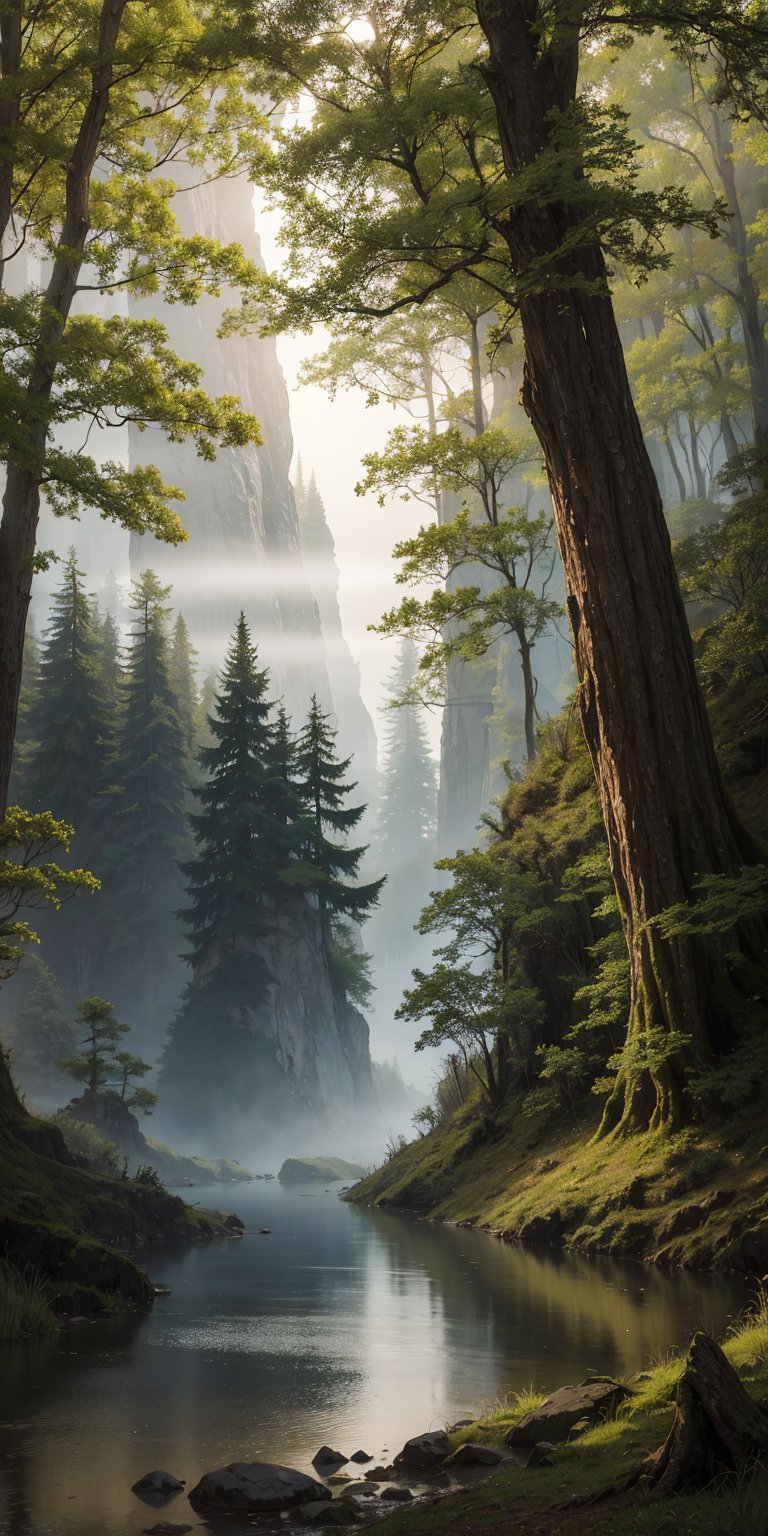 digital painting,
fantasy, hidden forest, centered big tree, river, (fog), at dawn