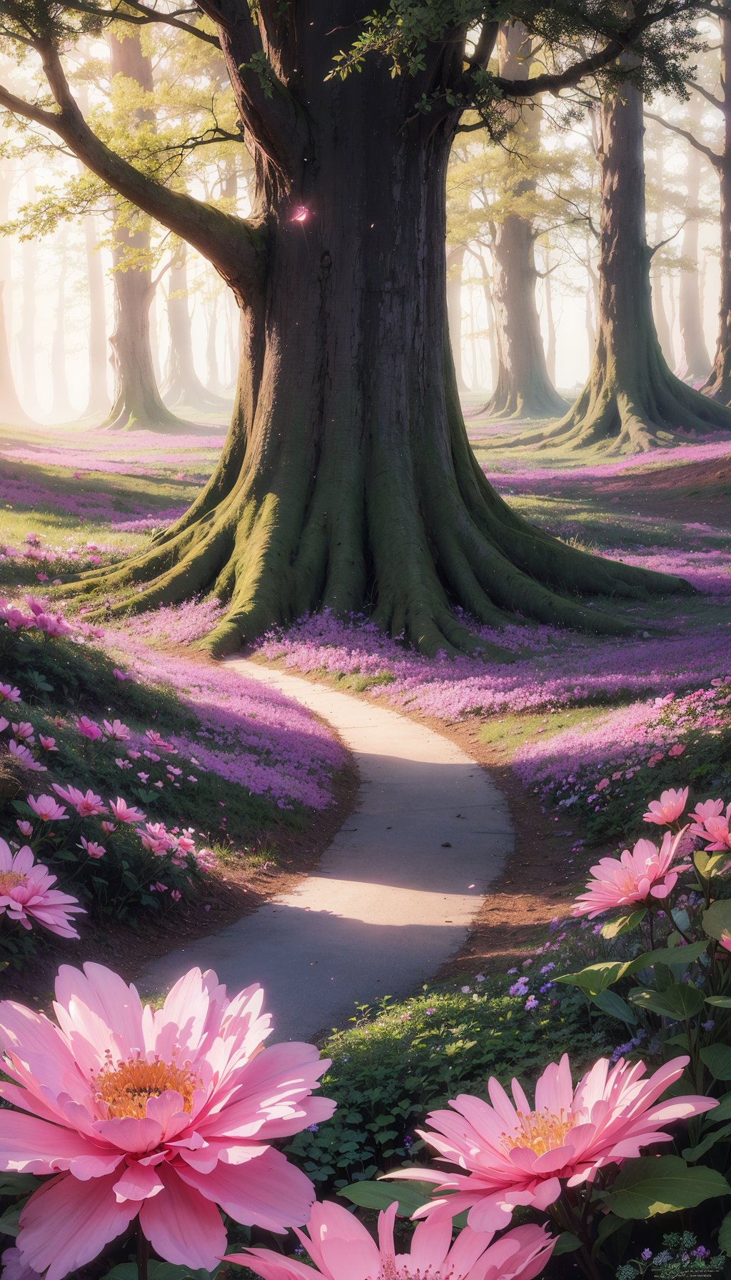 digital painting,
fantasy, hidden forest, centered big tree, [glowing crystals], flowers, flowers petal, fog, at dawn