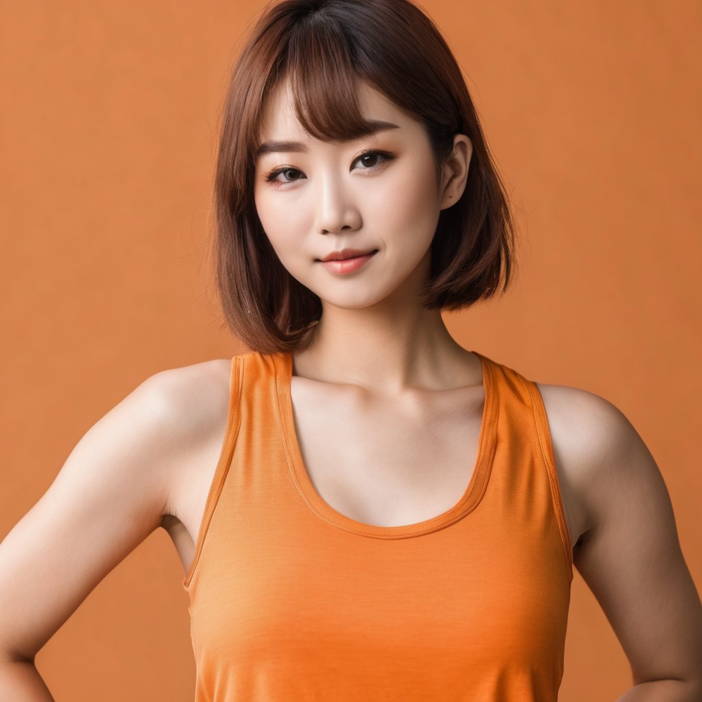 nikon RAW photo, portrait of japanese woman, bob cut, brown hair, close-up, (orange tank top), curvy, (orange background)