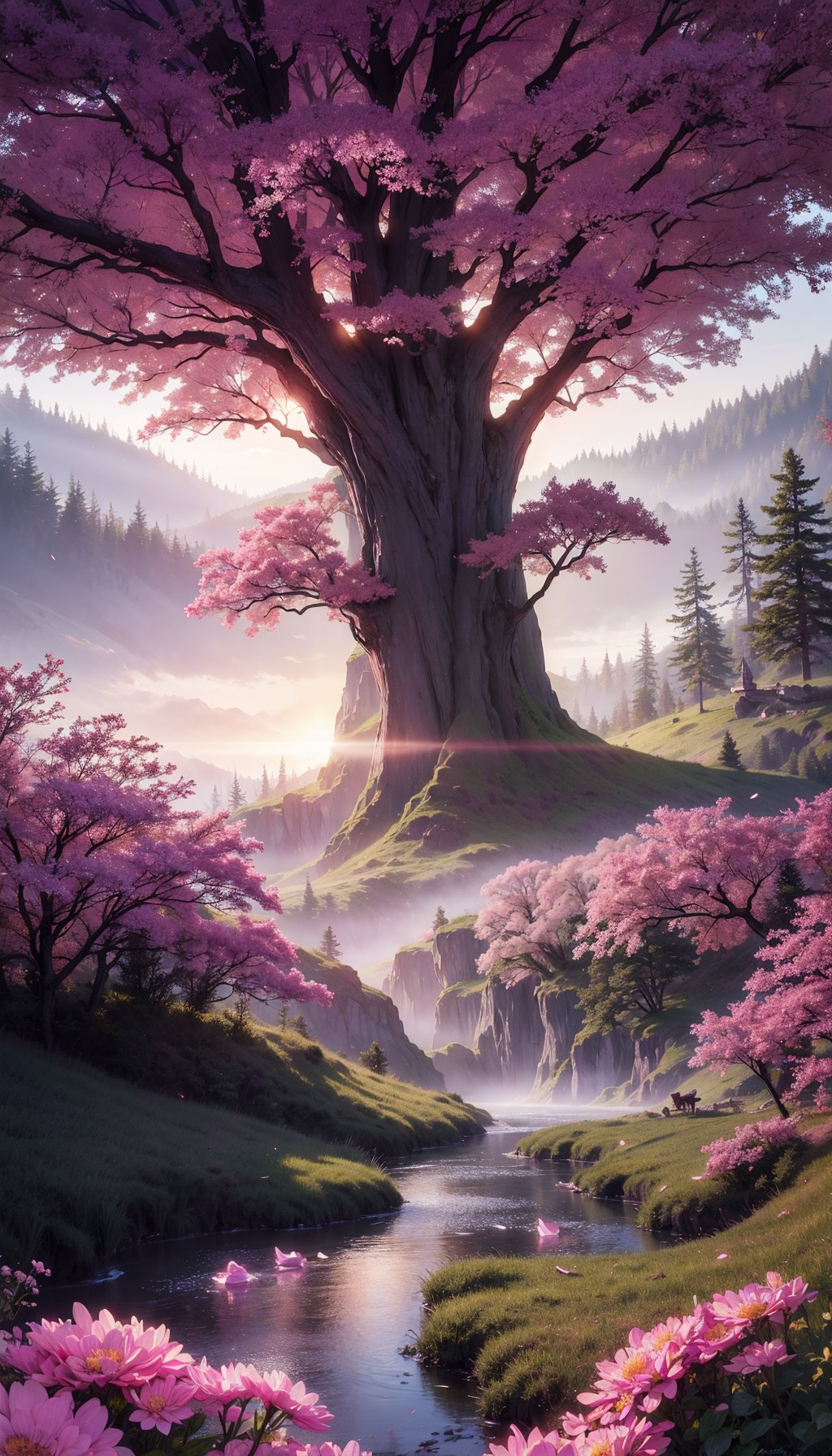 digital painting,
fantasy, hidden forest, centered big tree, glowing crystals, flowers, flowers petal, fog, at dawn
