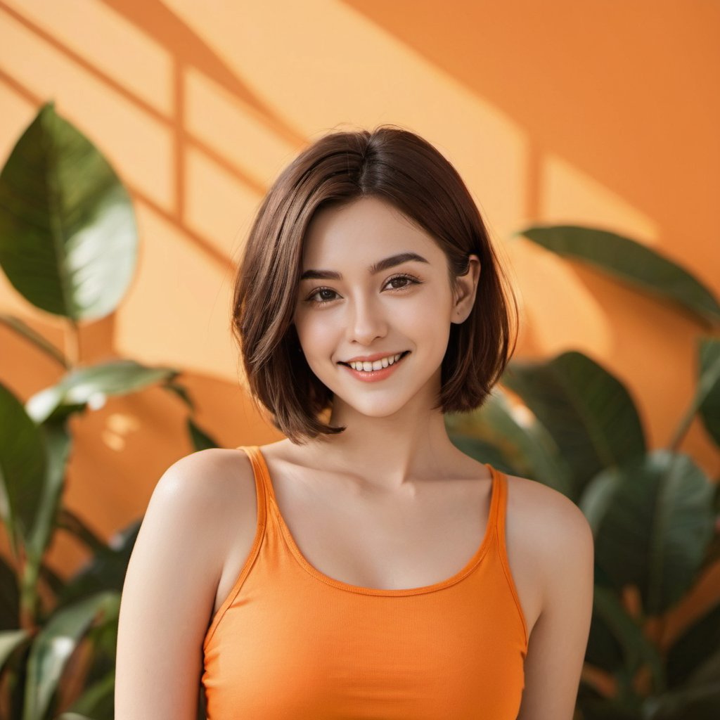 (xxmix girl woman), portrait of a woman, bob cut, brown hair, close-up, light smile, (orange tank top), curvy, (orange background)