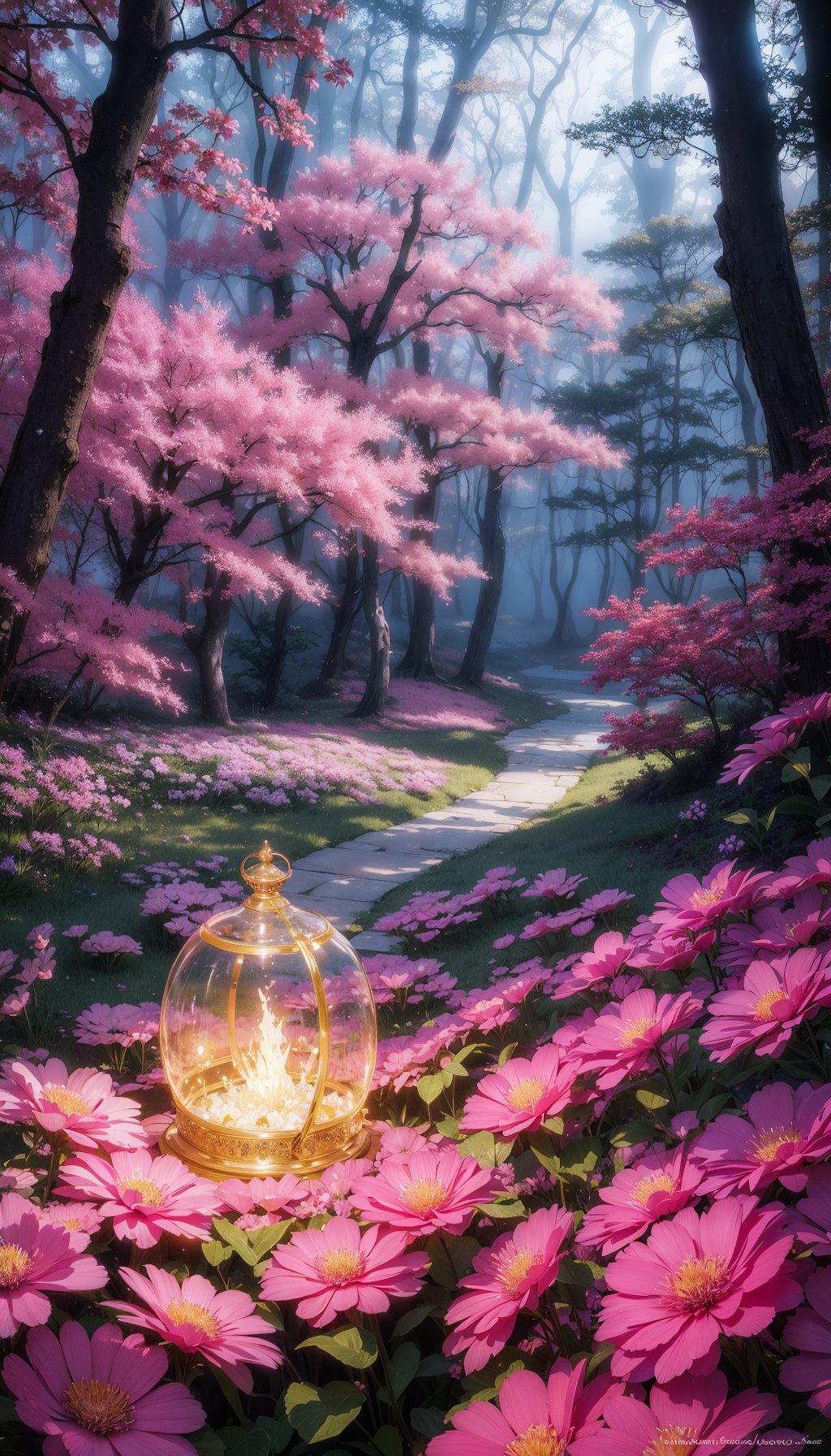 digital painting,
fantasy, hidden forest, centered big tree, glowing crystals, flowers, flowers petal, fog, at dawn