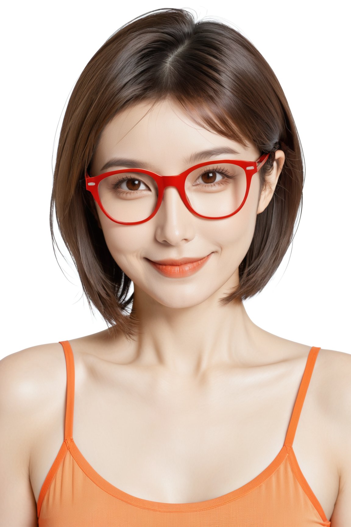 woman, bob haircut, brown hair, red glasses, smile, collarbone, (orange tank top), medium shot, shiny skin, (white background)