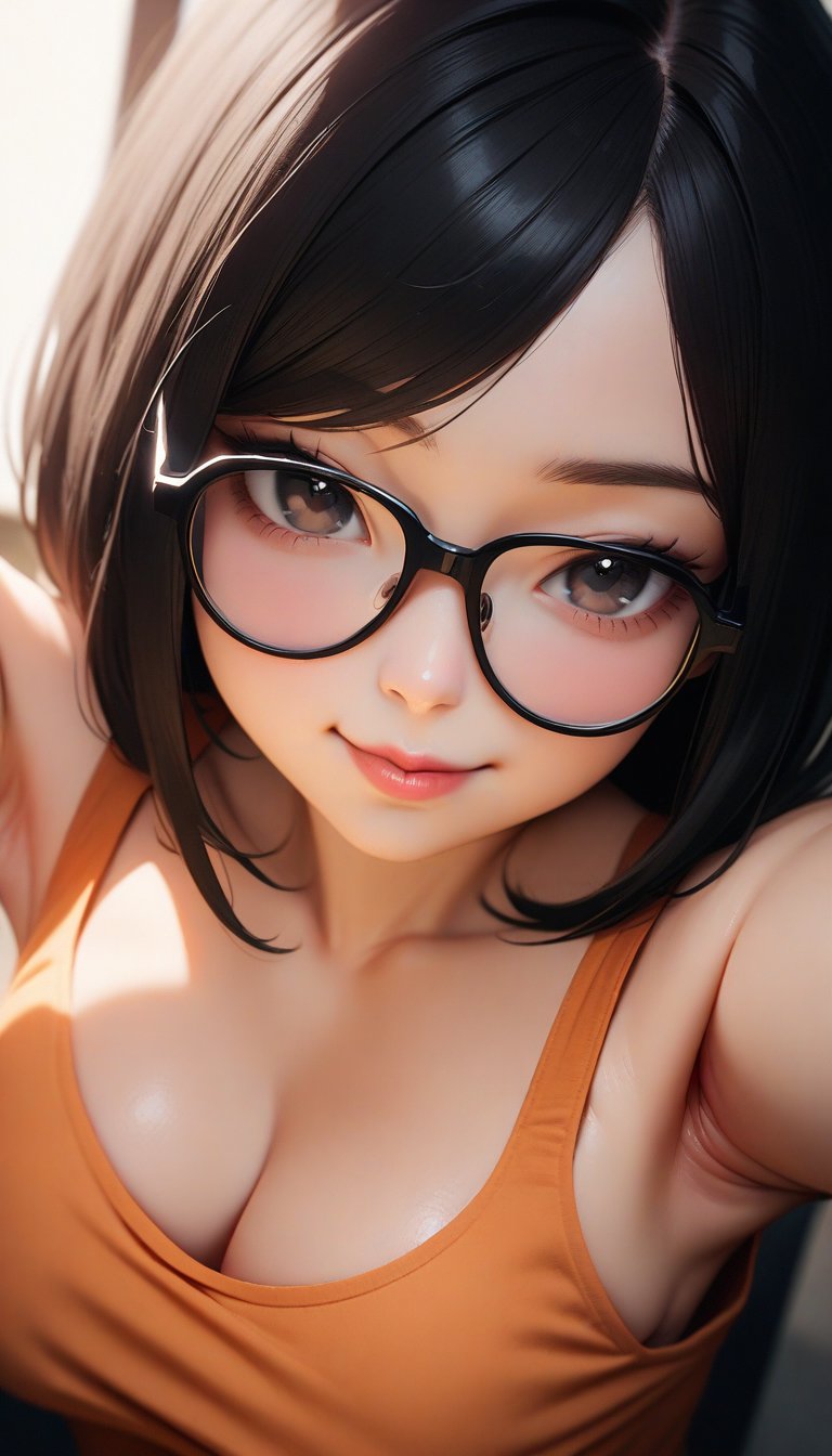 cinematic photo, 35mm photograph, 4k, highly detailed, masterpiece, best quality, very aesthetic, absurdres, 1girl, bob hair, black eyes, black hair, upper body, (wearing orange tank top), black-framed glasses, smile closed mouth, cute make-up, soft red lips, curvy, selfie pose, armpits, soft orange background