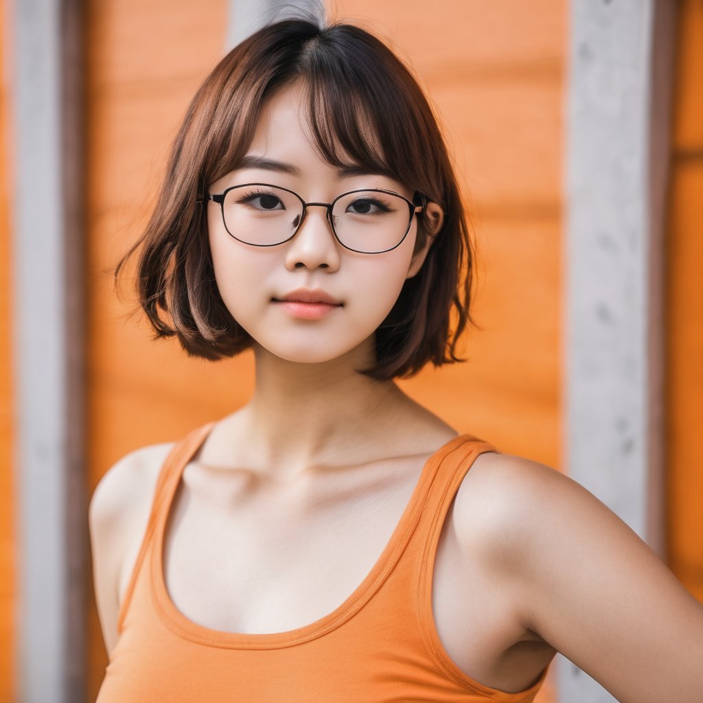 nikon RAW photo, portrait of 18 years old japanese woman, bob cut, brown hair, glasses, close-up, (orange tank top), curvy, (orange background)