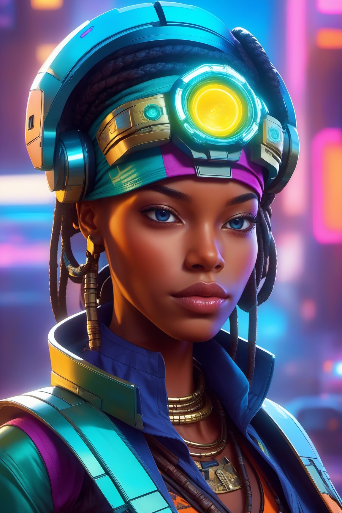 african hydropunk bounty hunter, science fiction, highly detailed, digital painting, beautiful eyes, symmetry, concept art, sharp focus, illustration, global illumination, radiant light, synthwave colors, detailed and intricate environment, art by artgerm and greg rutkowski and magali villeneuve and ilya kuvshinov!