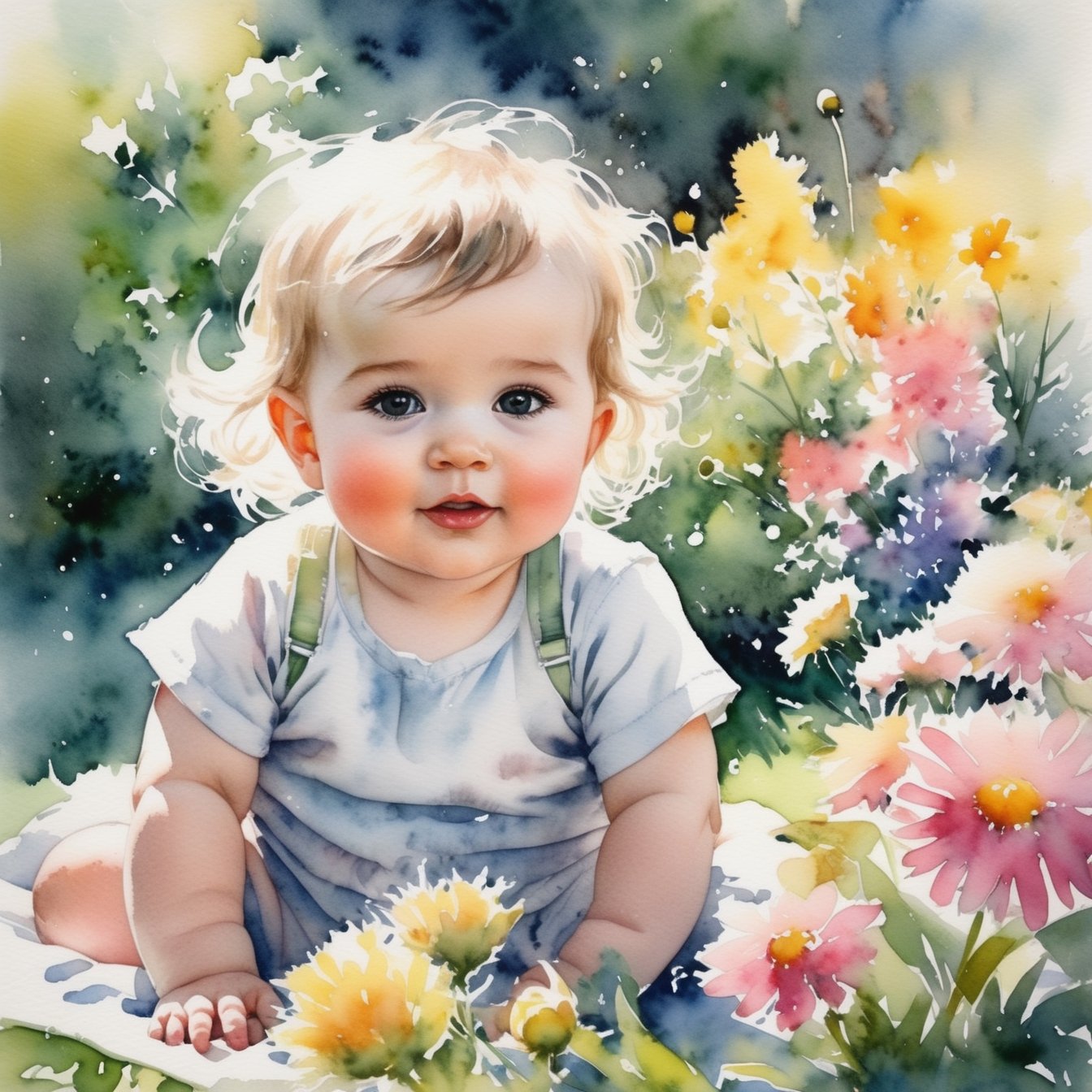 watercolor wash, wet on wet, watercolor, adorable cute baby with flowers in hair sitting in a gorgerous garden with many flowers foreground and background, soft colors and sun, hyper detailed, realistic, cinematic