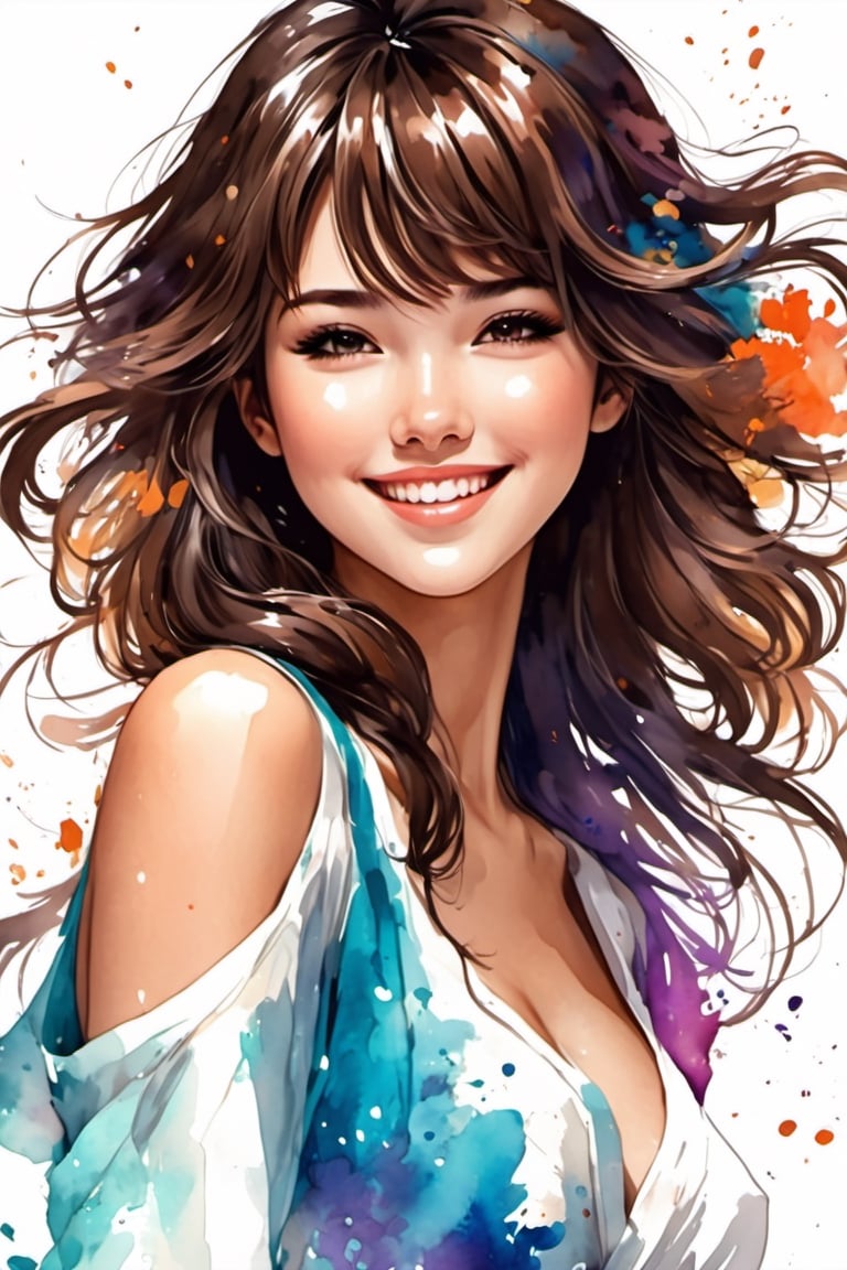 ink art, a beautiful brunette hair girl, anime style, long hear, smiling with style, dynamic poses, ultra colorfull, white background, details, clean, masterpiece,