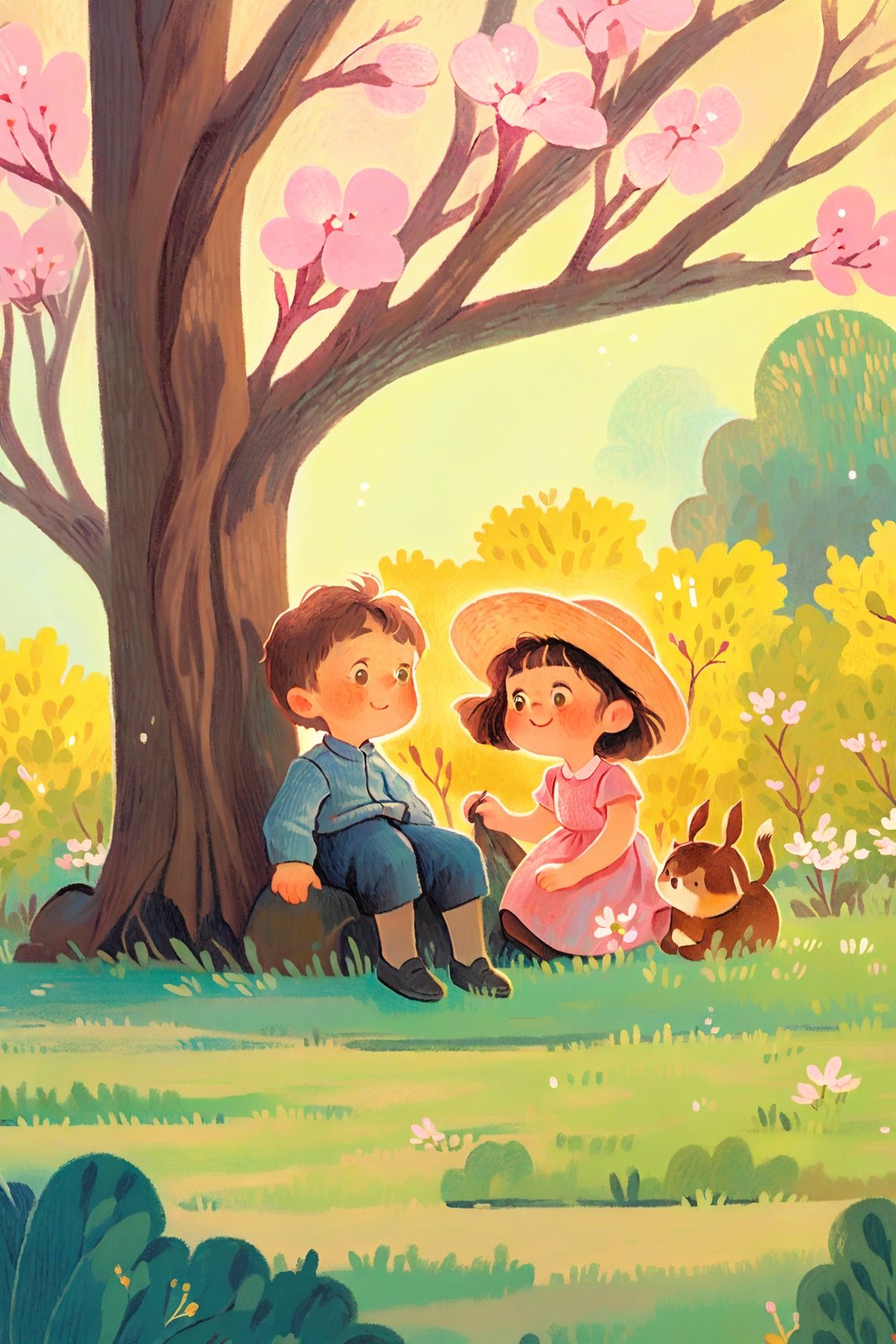 By Van Gogh, sunshine spring with many sakura trees, oil painting, highly detailed, sharpness, dynamic lighting, super detailing, van gogh sight background, painterley effect, post impressionism, ,oil painting, 2d-dimension_animated, masterpiece, cartoon, 1boy with black short hair, 1girl with brown long hair, pink vintage dress sitting together, having picnic at grass,children's picture books