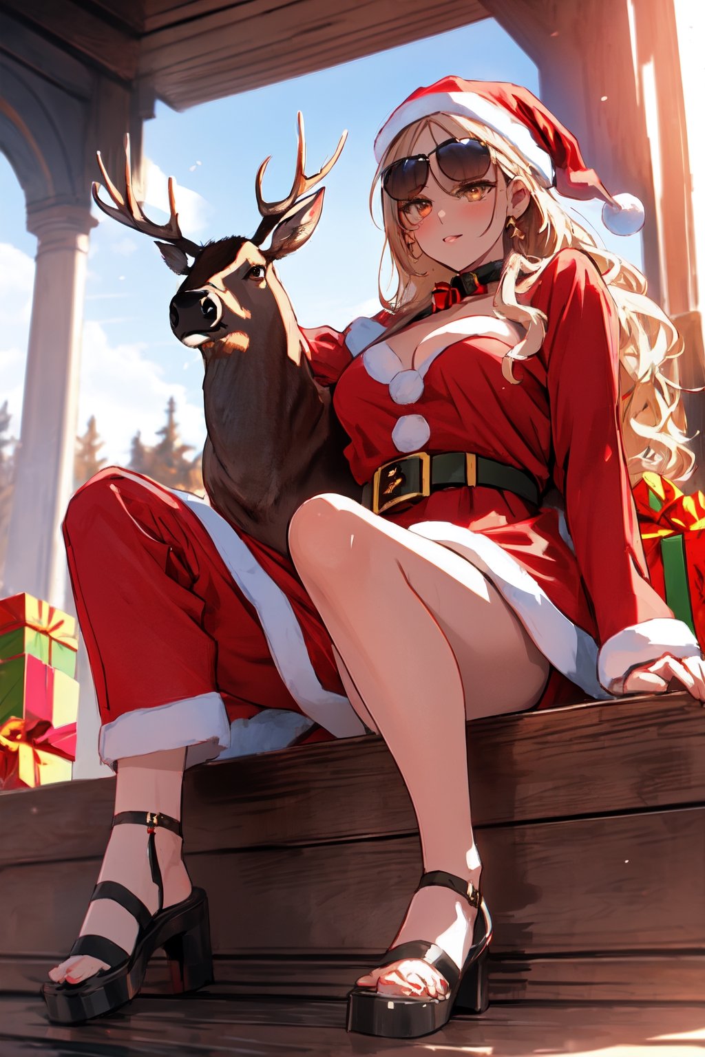 Masterpiece, 4k, elks, day light, muscle, sunglasses,Long shot, full body, rich details, elk, many objects, ((Female Santa Claus)), beautiful face, (((holding an elk)))