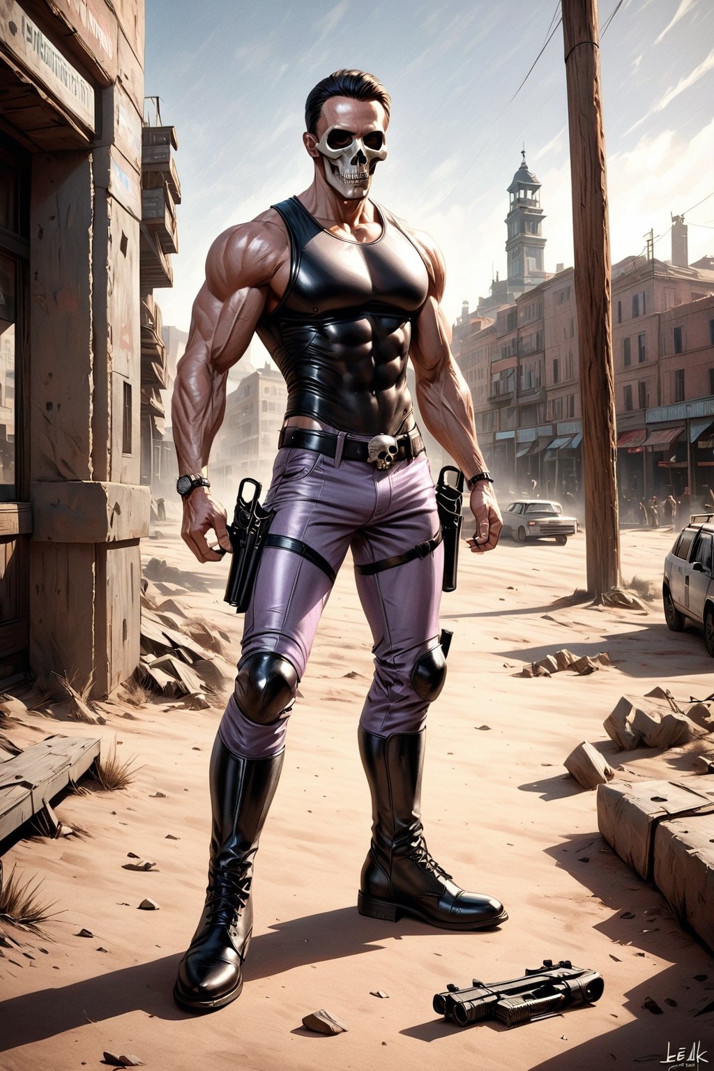 The Phantom by Lee Falk, tight light purple suit, athletic muscled, skull buckle, black long boots, black eye mask, double gun holsters, realistic art. ,real_booster