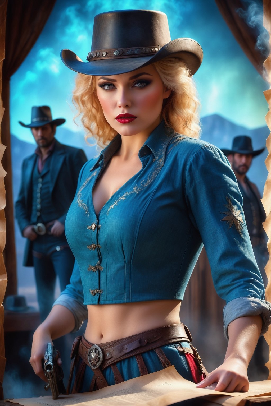 Vintage wild west 80s style movie poster, (Kane the gunslinger:1.2) and (Angela an extremely beautiful blonde, American pin-up damsel in distress:1.2 ), (voluptuous breasts, tiny waist:1.2), realistic eyes, red hair, (Old Wanted scratched burned parchment paper poster style background:1.4), wild saloon scene, high noon, concept art, cinematic lighting, cinematic composition, rule of thirds, ultradetailed, ultrarealistic, 8k, octane render, sharp focus, studio photo, intricate details, highly detailed. ,score_9, score_8_up. ,hyper real extra effect add 
