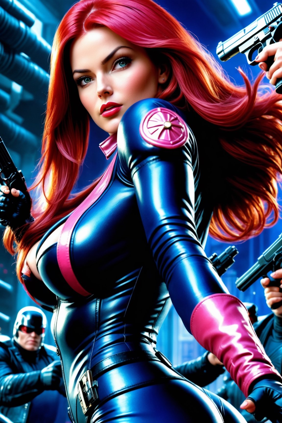 photography, 2000 AD comic style cover art, extremely beautiful secret Agent operative girl, red long hair, wearing dark blue leather tight body suit, (big boobs:1.3), double handguns, action pose, worms eye view shot, Realistic 3d glossy pink effect, octane render, 