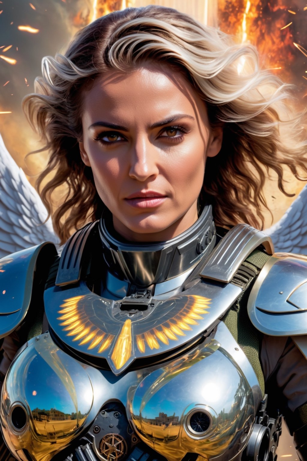 (Archangel Gabriela, angry face with a smirk :1.2), (armed with a realistic heavy machinegun:1.2), descending from the skies, 8k, dynamic lighting, hyperdetailed, intricately detailed, volumetric lighting, Canaletto photorealism movie poster, stunning, mythical being, energised, molecular textures, iridescent scales armor, breathtaking beauty, pure perfection, divine presence, unforgettable, impressive, auras, rays, reflects. , ,real_booster