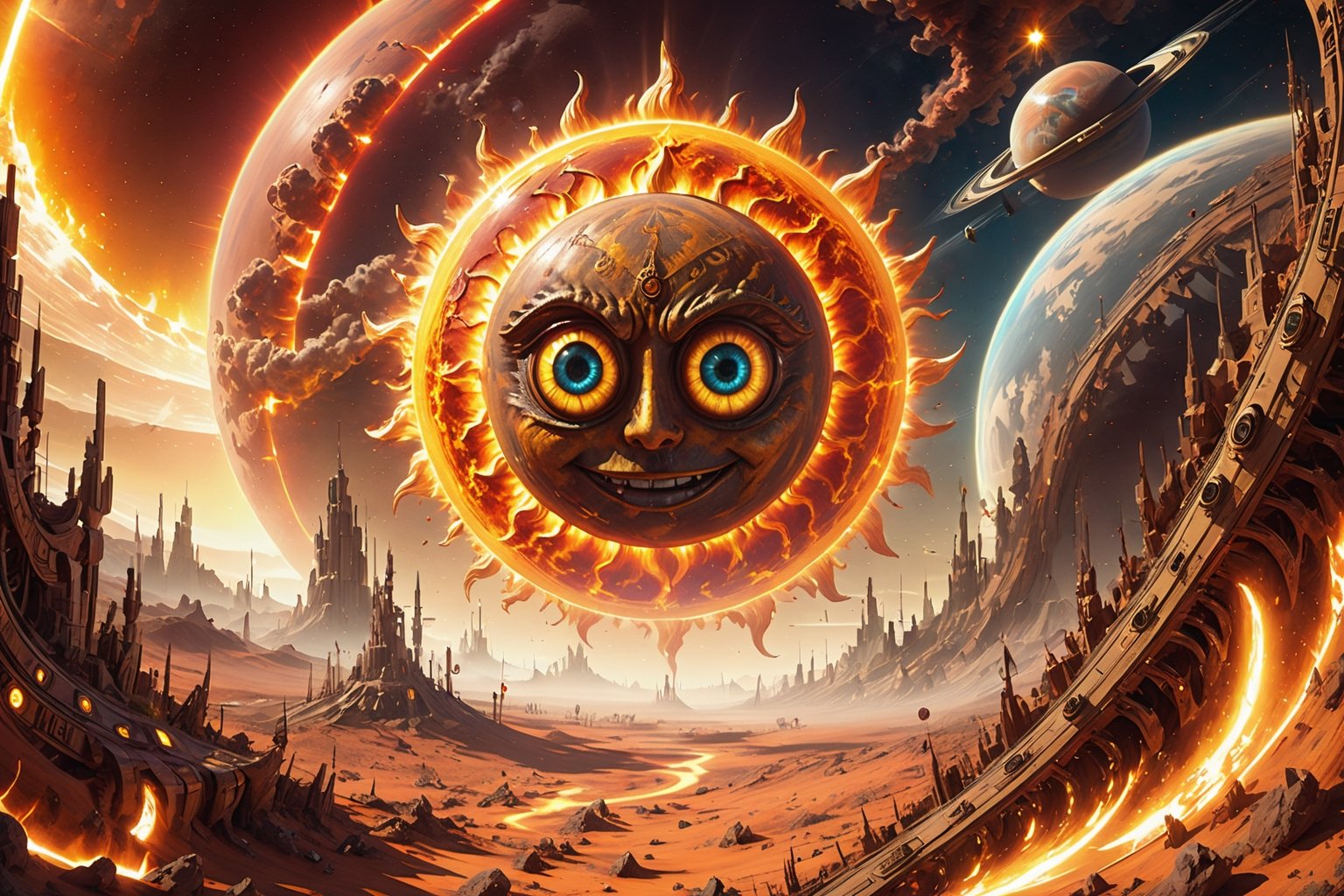 Award-wining sci-fi digital art, (a Gigantic fiery sun with eyes, sarcastically smiling:1.4), in a collision path with a planet, (a rocket spaceship flees into open space towards the camera:1.2), intricate details, galactic aura symphony. 