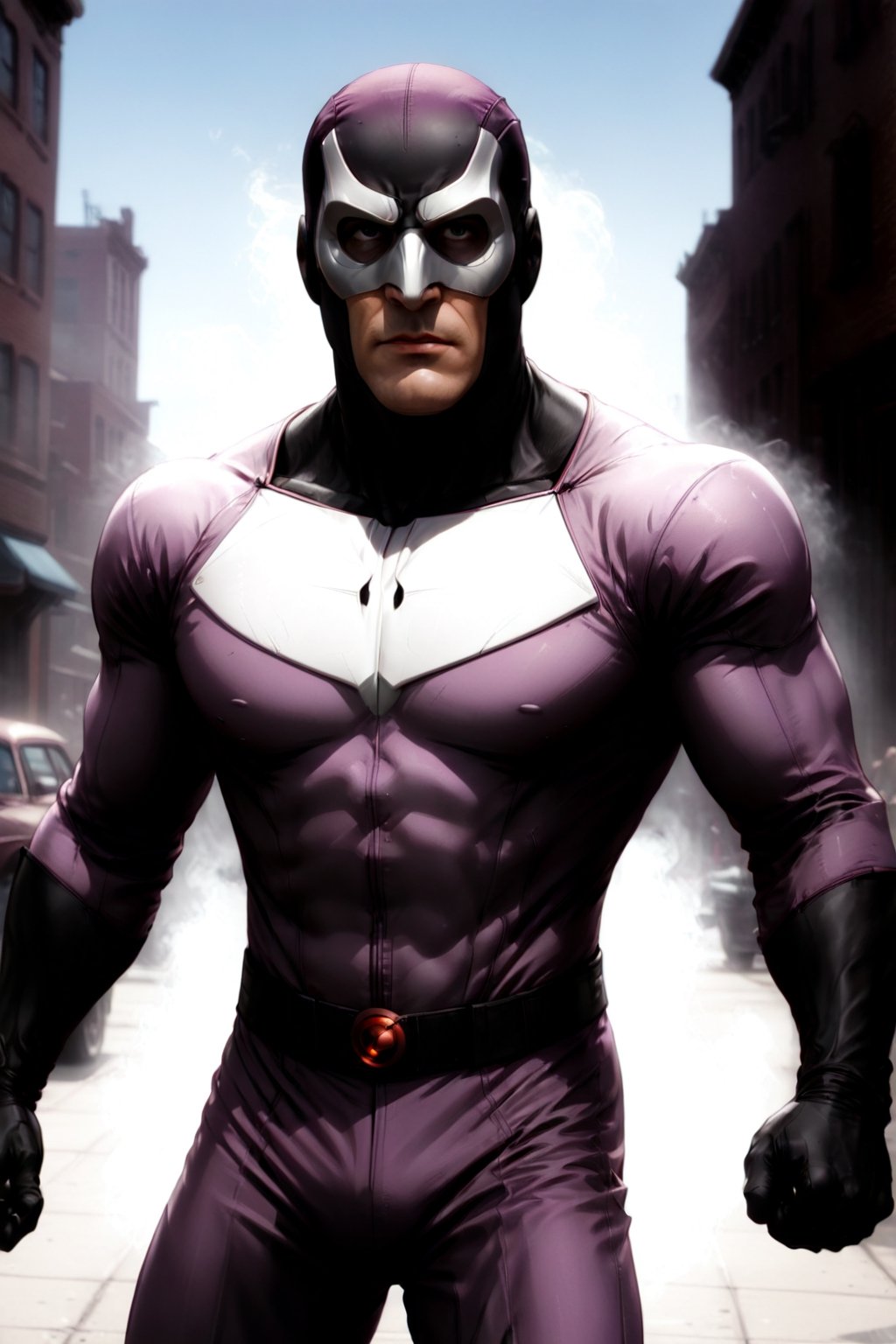 The Phantom by Lee Falk, The Ghost Who Walks, first superhero, tight light purple suit, athletic, mask. 