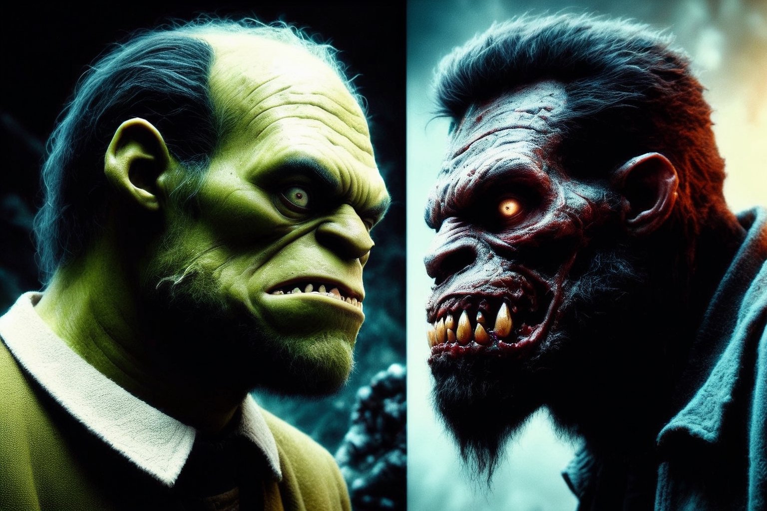Two diferent characters, hyperrealistic Vintage art of a (angry Frankenstein:1.3) vs. (A Savage Wolfman:1.3), Zdzislaw Beksinski style, extremely high-resolution details, photographic, realism pushed to extreme, fine texture, incredibly lifelike, medium shot, grotesquery, ultra skin, intricate clothes, badass look, action, best quality, artwork masterpiece, REALISTIC, Enhanced Reality, 