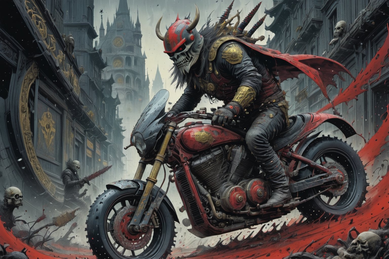 The caped Chainsaw biker, grotesquery, dark, eerie, hellish motorcycle, art by Yoann Lossel, spikes on wheels, bloody Macabre, 2000 AD comic style, red image filter, 3d ground view, High speed Slow motion, Dynamic motion blur, fisheye cam, dslr, raw photography, cinematic motion. 