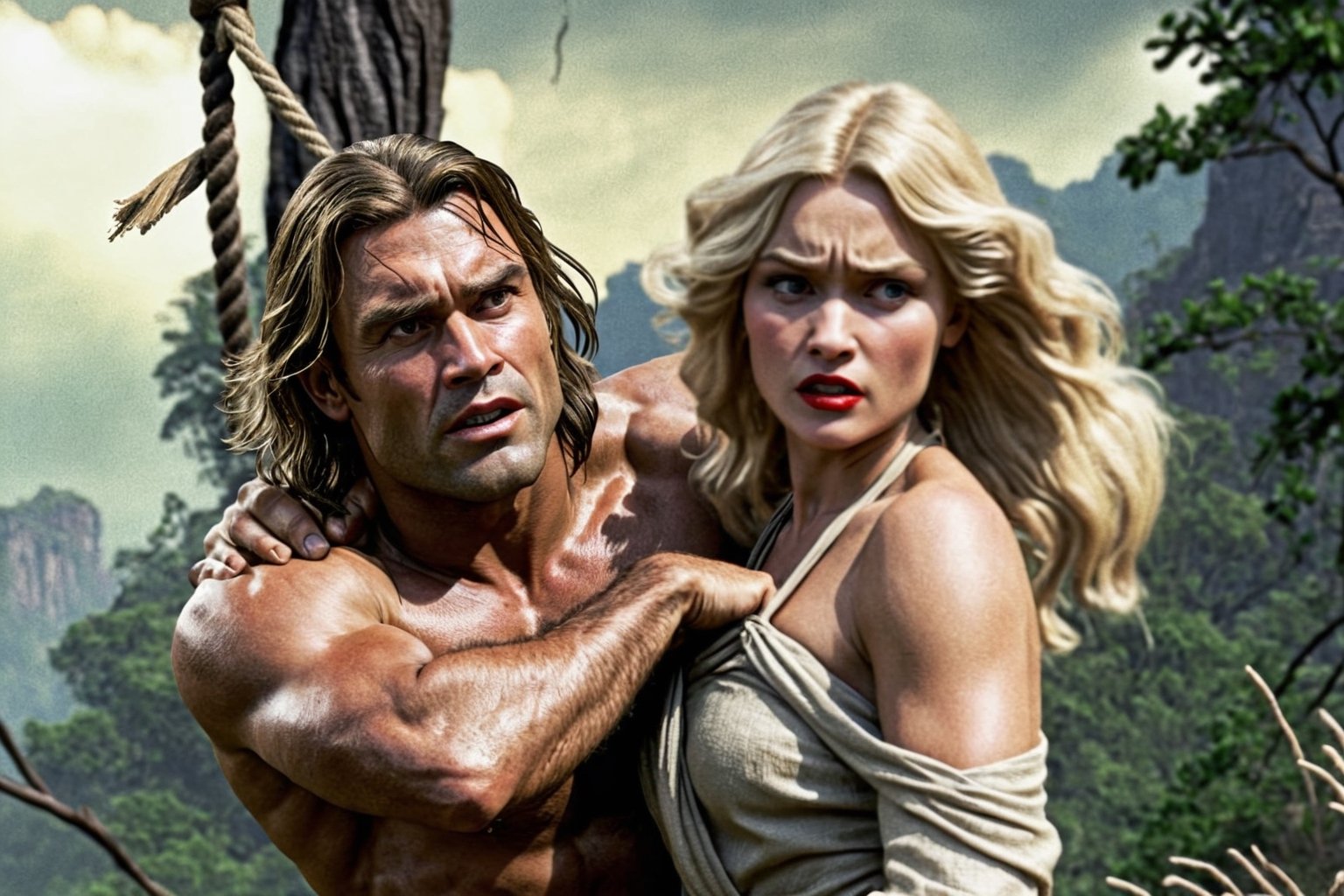 Award-wining photography, (Savage man Tarzan), protecting a beautiful 1920s (blonde woman), perfect face, sharp eyes, extremely definition, ripped clothes, pre-historic wilderness, Volumetric 3d effect, ZBrush render, additional Blender details, scene from a cinematic high quality movie, action, eerie, Vintage style, cinematic natural lighting, lines by Frank Frazetta. 