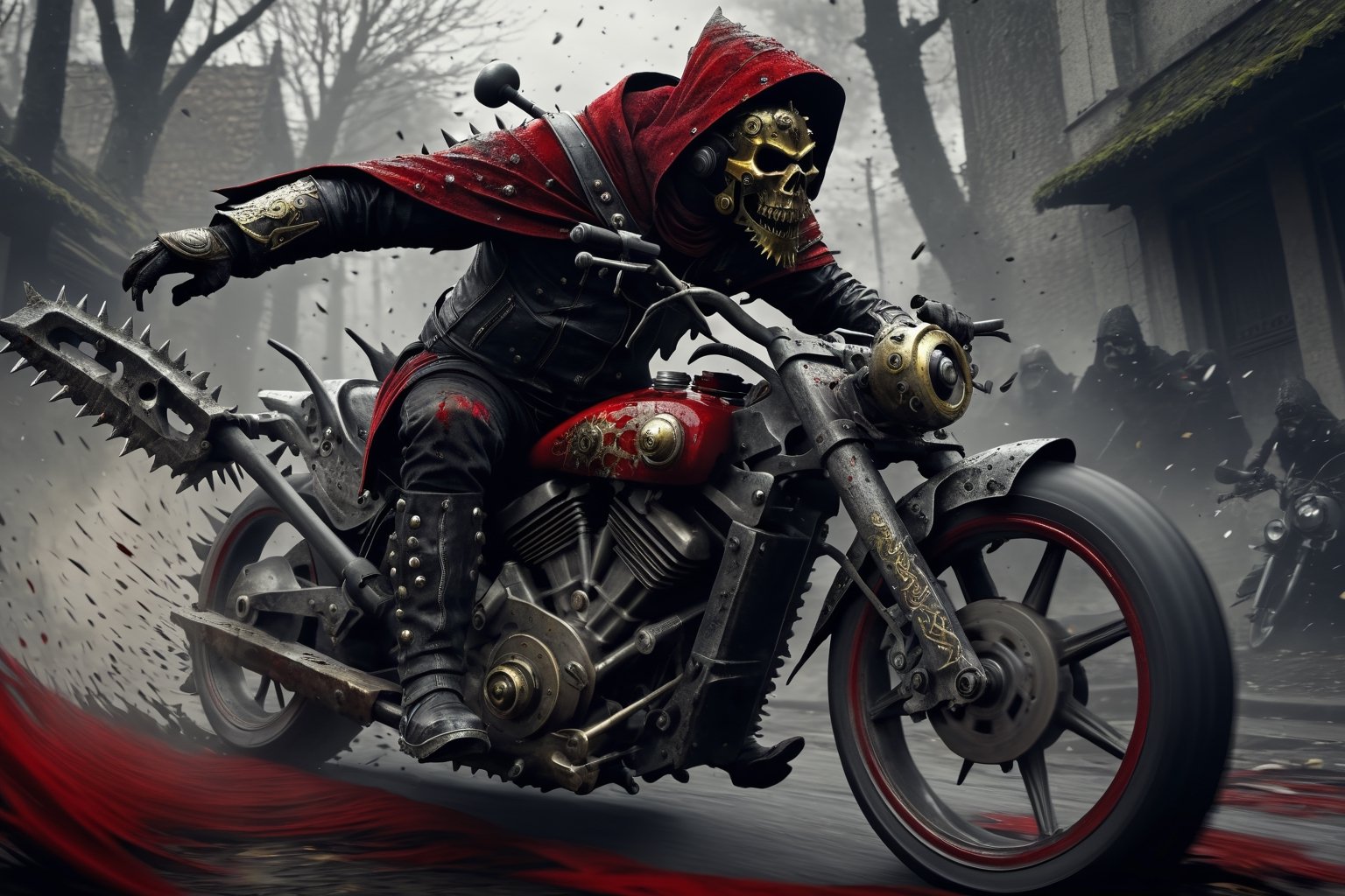 The caped Chainsaw biker, grotesquery, dark, eerie, hellish motorcycle, art by Yoann Lossel, spikes on wheels, bloody Macabre, 2000 AD comic style, red image filter, 3d ground view, High speed Slow motion, Dynamic motion blur, fisheye cam, dslr, raw photography, cinematic motion. 