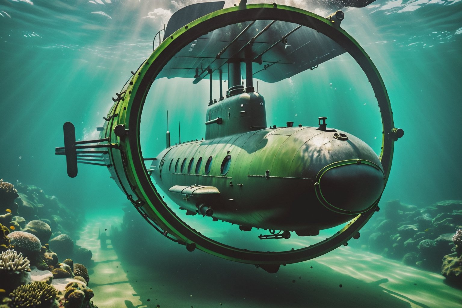 Underwatercore, f/2 camera aperture, photorealistic, cinematic shot on Sony A1, ultra detailed attack submarine, green color, going full speed near sea bottom, water effects, water texture, war vessel shadow, Dynamic motion blur, Blurred Motion, floating particles, Intricate underwater world. 