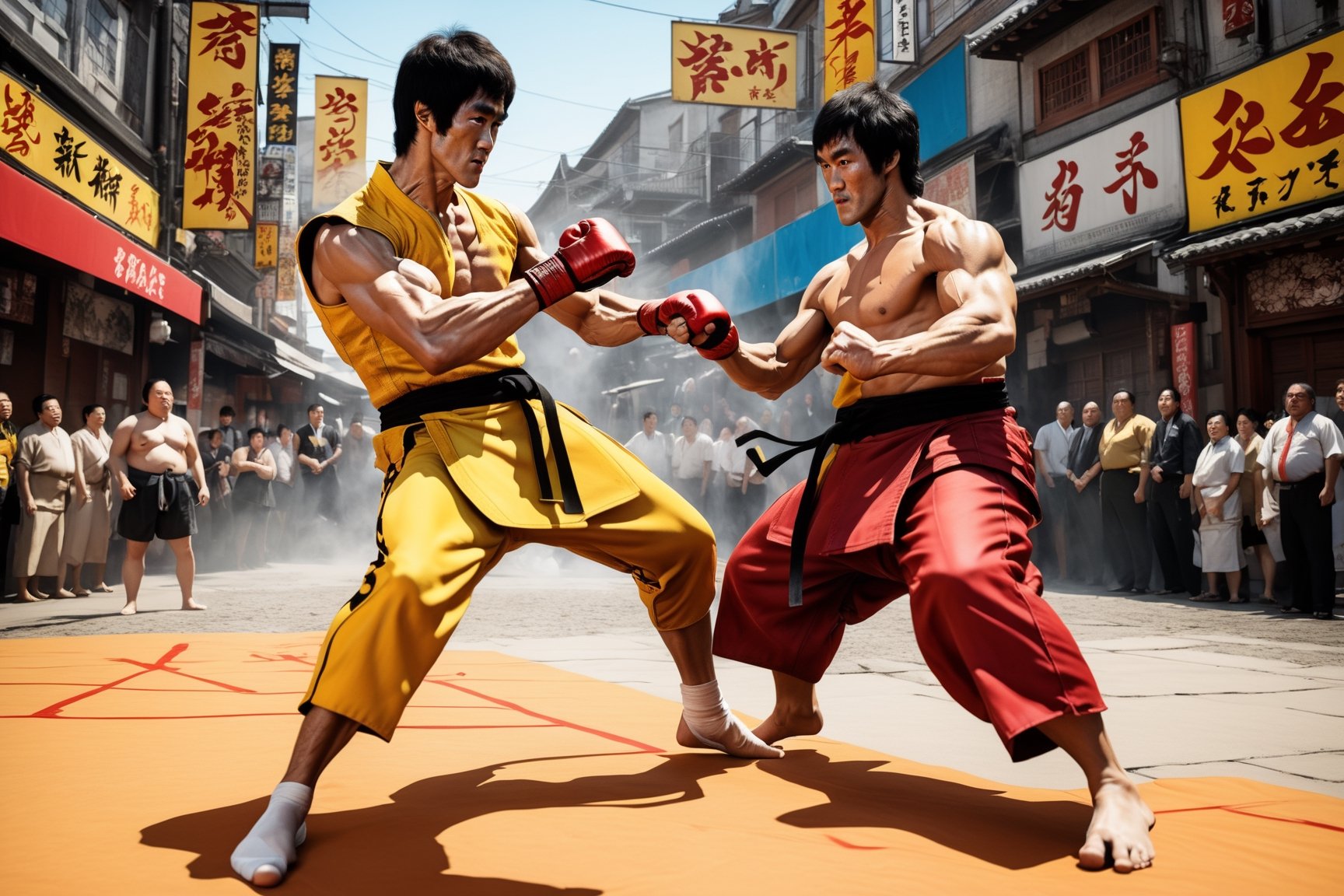 2 fighters in the street, (Bruce Lee:2.5), vs. (Hakuhō Shō sumo:2), (fighting game style:2), in the style of simon bisley, Karol Bak, Reiq, dynamic, vibrant, action-packed, detailed character design, reminiscent of fighting video games, Dynamic motion blur, silverpoint, infinite detail to every pore, 
