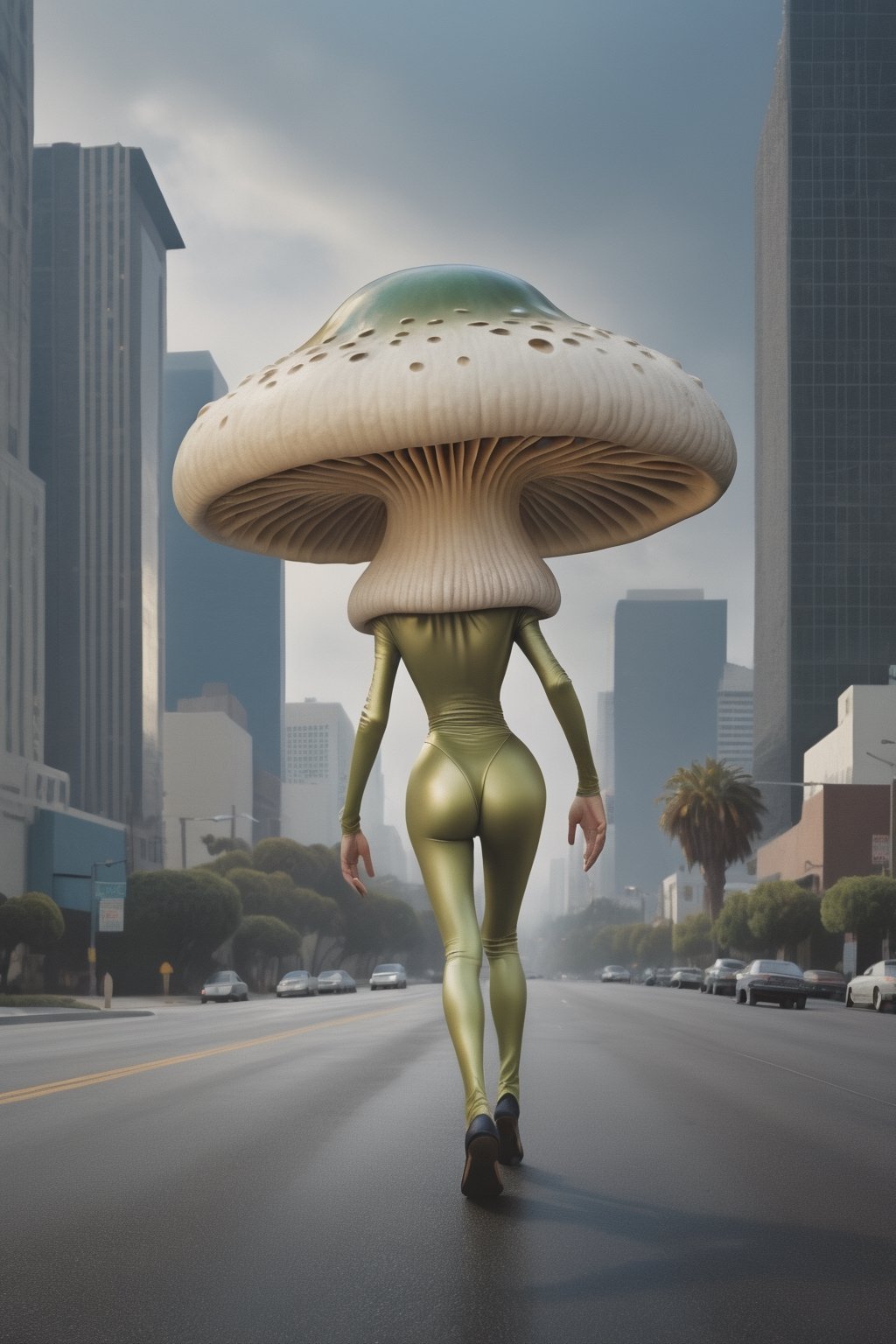 Glossy Anthropomorphic walking alien mushroom creatures, with macabre faces inspired by Alex Horley's art style, invading Earth, specifically targeting Los Angeles city, dramatic lighting, golden ratio, ultra-realistic, digital painting. 