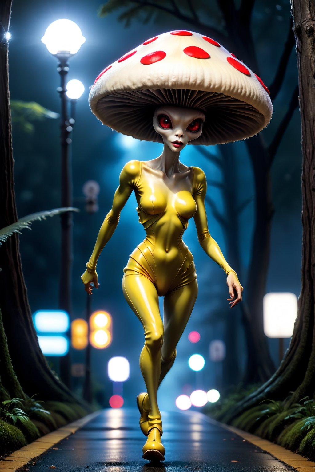 Glossy (Anthropomorphic walking alien mushroom creatures:1.2), with macabre faces inspired by Alex Horley's art style, invading Earth, specifically targeting Los Angeles city, dramatic lighting, golden ratio, ultra-realistic, digital painting. ,more saturation ,3D Render Style,better photography,3DRenderAF