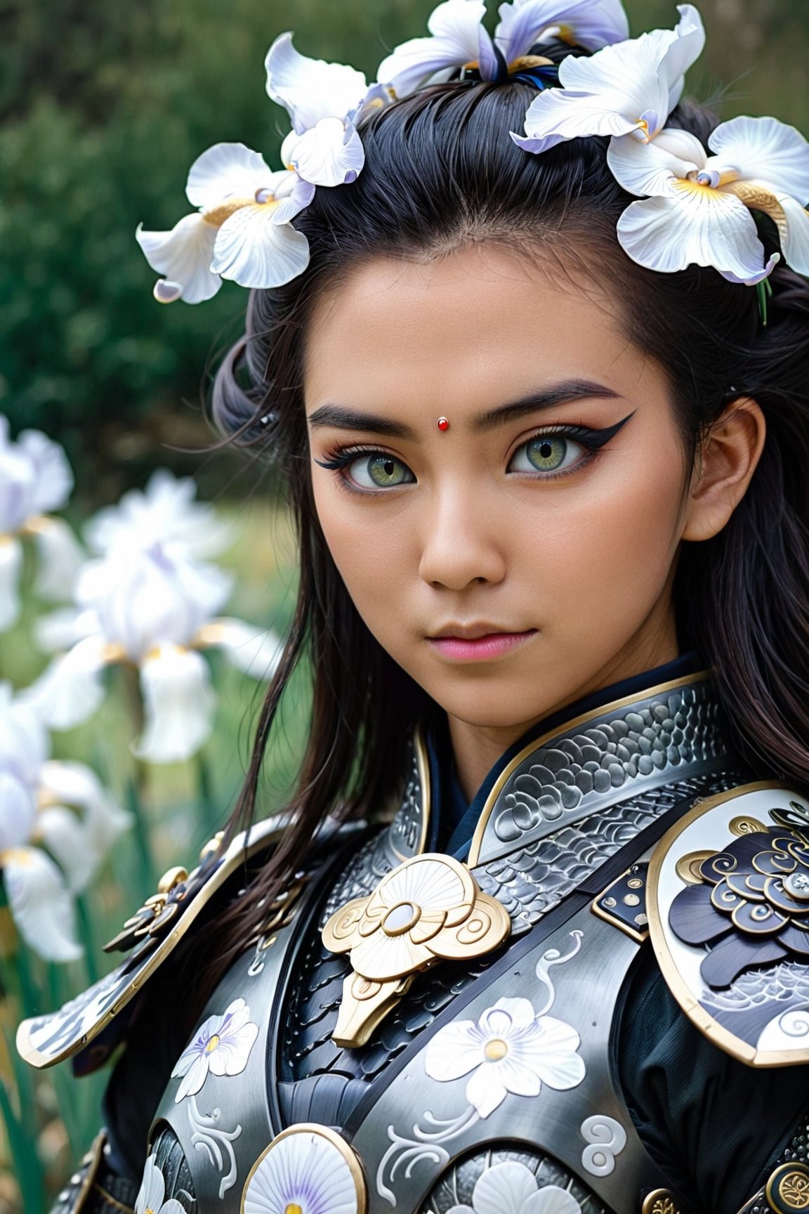 Unsplash by Karol Bak, luis royo, Peter Mohrbacher, Derrick Che, (realistic samurai shogun:1.3), (dark matte grey dragon armour:1.3), oni mask, (white iris eyes:1.5), Extremely Realistic, cinematic moviemaker style, 