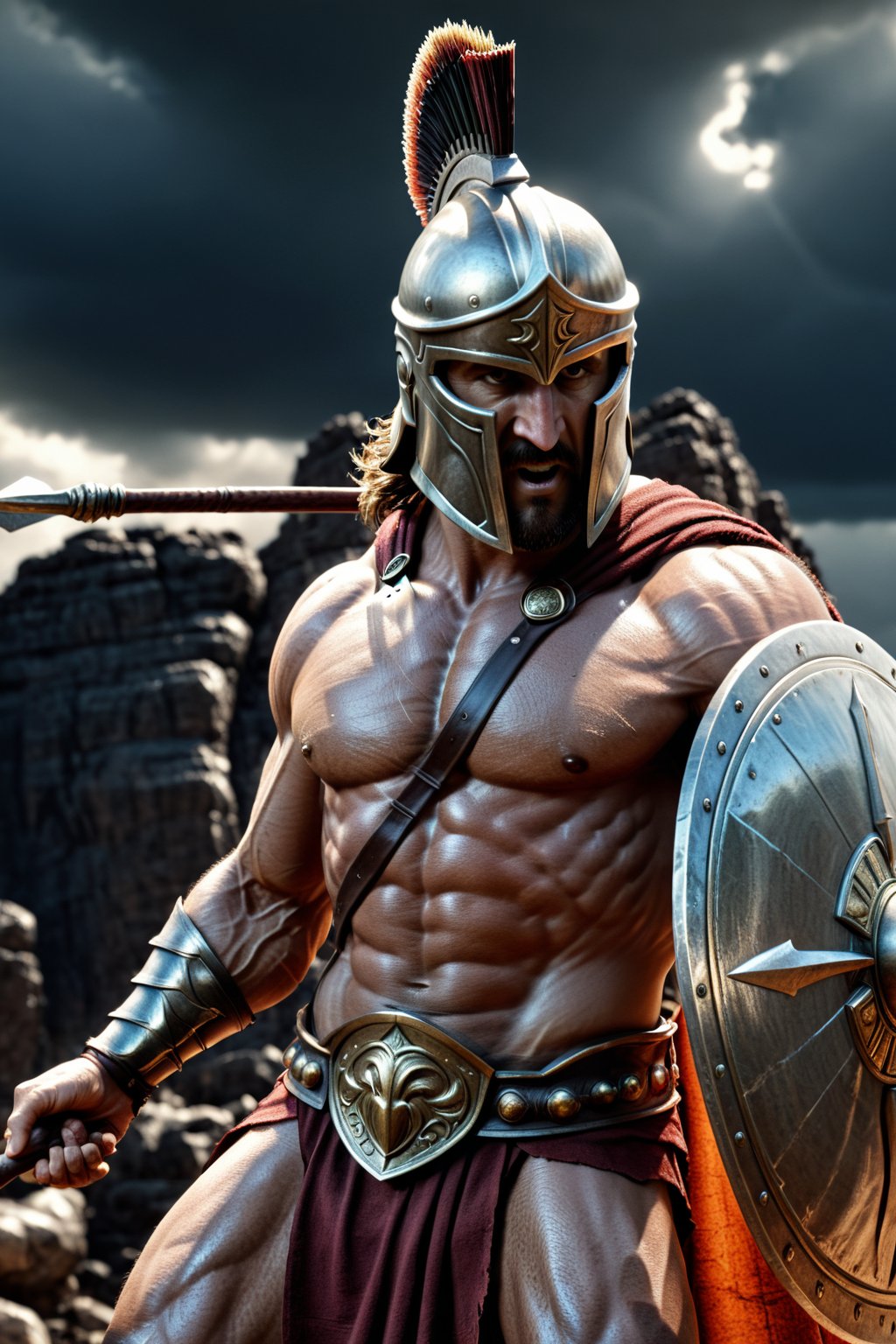 photo realism, 15mm wide-angle lens, masterpiece Art by Joe Jusko and joe madureira, (Extremely perfect, exagerated muscled anatomy:1.4), (Greek hoplite Spartan, holding a spear and shield:1.3), ultra photoreal, photographic, concept art, cinematic lighting, cinematic composition, ultra-detailed, ultra-realistic, photorealism, 8k, octane render, cinematic, realistic, highly detailed, UHD, perfect composition, beautiful, intricate, insanely detailed, rays, reflects. 