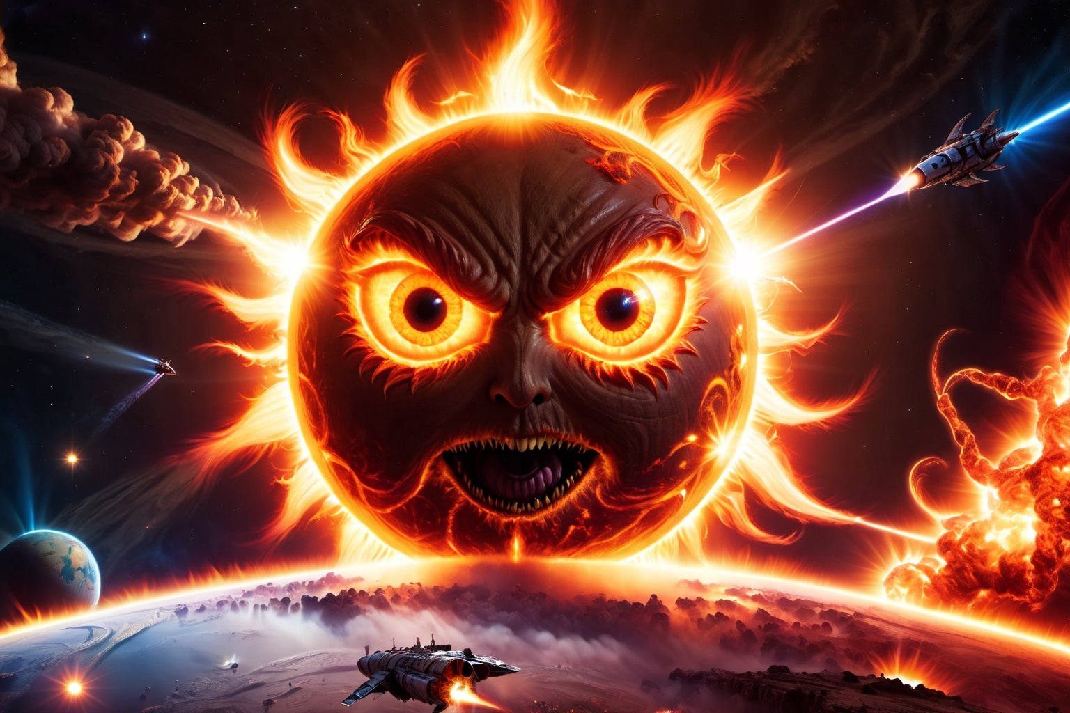 Award-wining sci-fi digital art, (a Gigantic fiery sun with eyes, sarcastically smiling:1.4), in a collision path with a planet, (a rocket spaceship flees into open space towards the camera:1.2), intricate details, galactic aura symphony. 