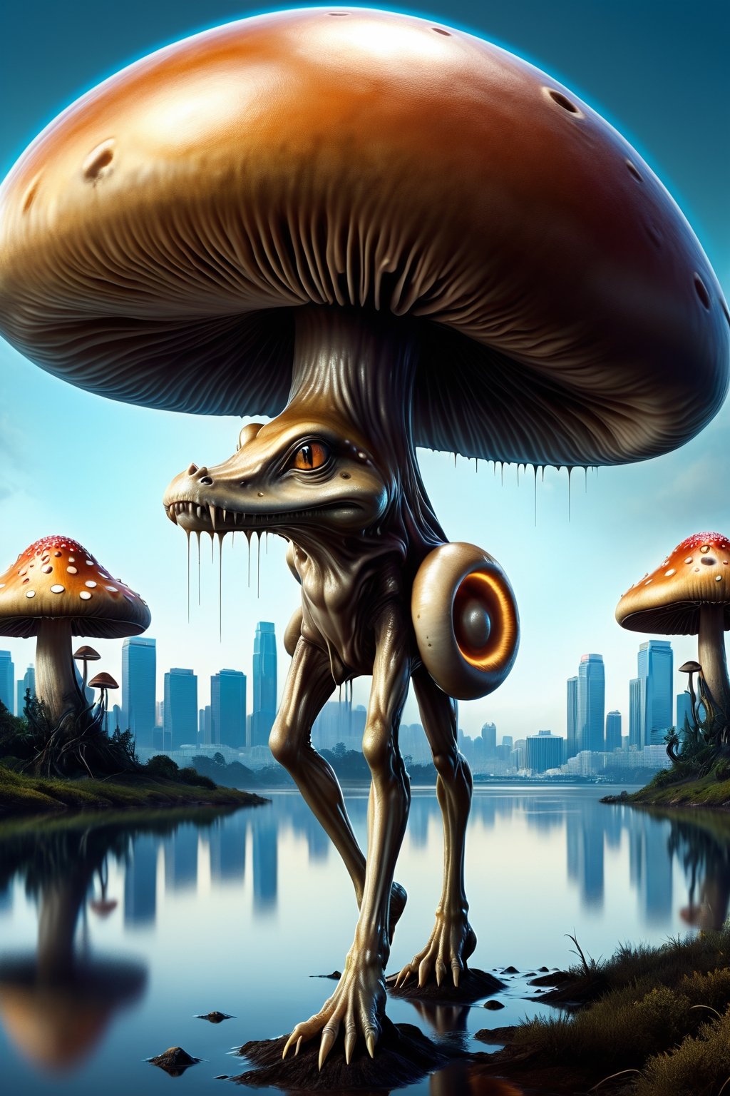 Glossy Anthropomorphic walking alien mushroom creatures, with macabre faces inspired by Alex Horley's art style, invading Earth, specifically targeting Los Angeles city, dramatic lighting, golden ratio, ultra-realistic, digital painting. 