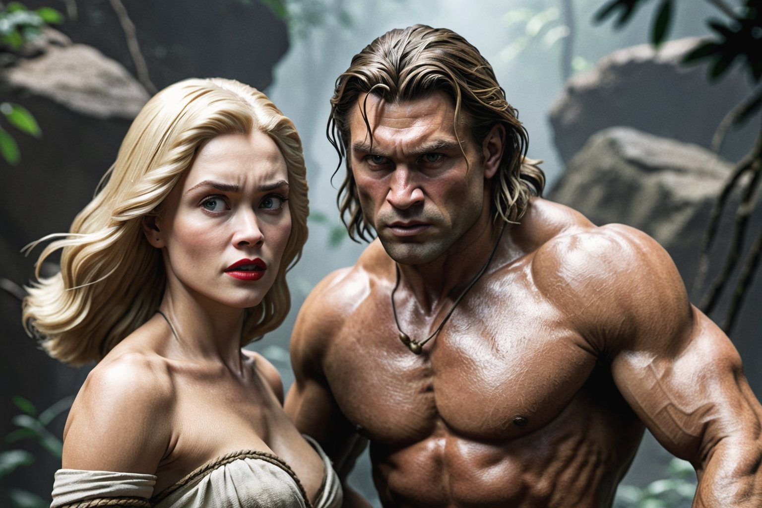 Award-wining photography, (Savage man Tarzan), protecting a beautiful 1920s (blonde woman), perfect face, sharp eyes, extremely definition, ripped clothes, pre-historic wilderness, Volumetric 3d effect, ZBrush render, additional Blender details, scene from a cinematic high quality movie, action, eerie, Vintage style, cinematic natural lighting, lines by Frank Frazetta. 