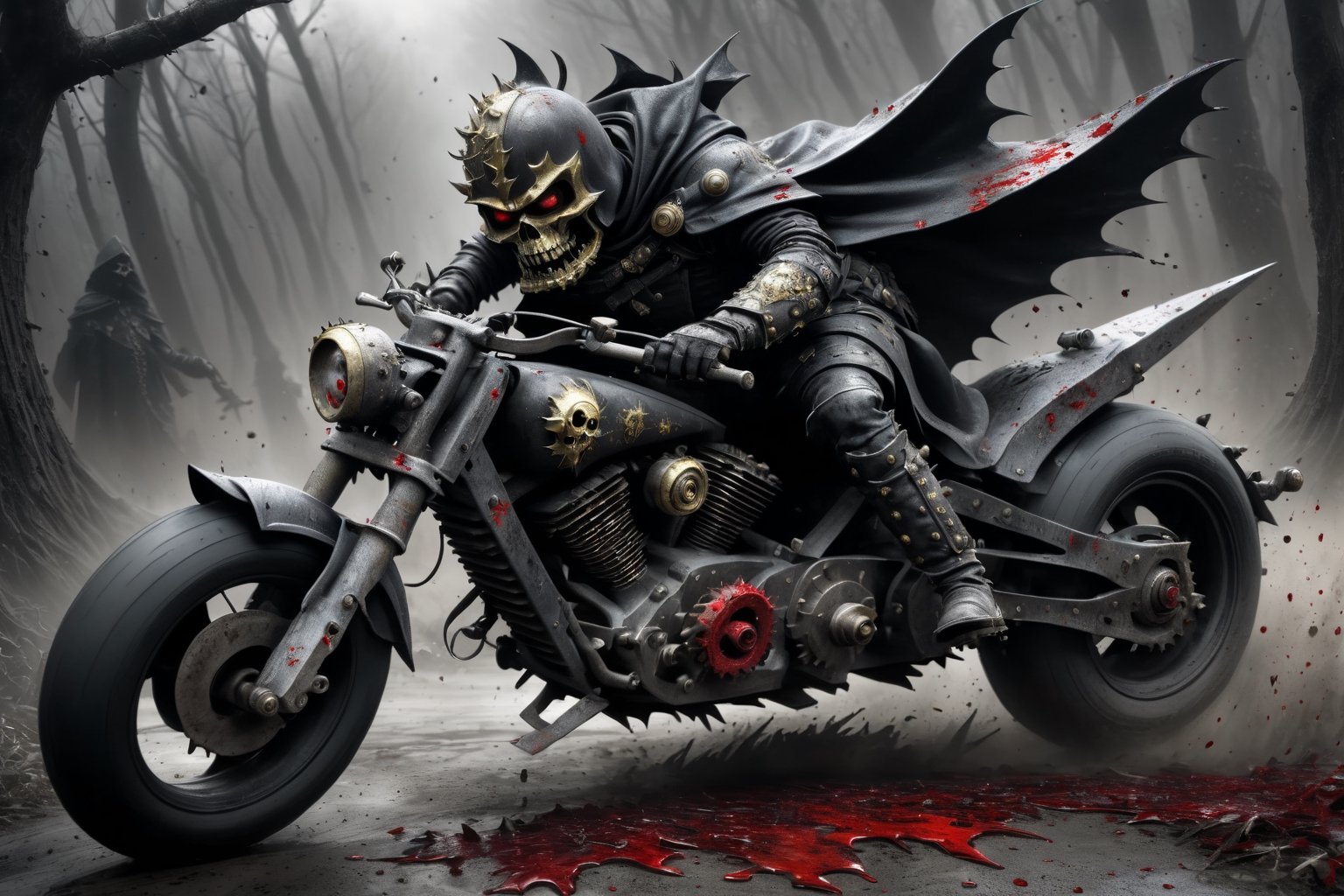 The caped Chainsaw biker, grotesquery, dark, eerie, hellish motorcycle, art by Yoann Lossel, spikes on wheels, bloody Macabre, 2000 AD comic style, red image filter, 3d ground view, High speed Slow motion, Dynamic motion blur, fisheye cam, dslr, raw photography, cinematic motion. 