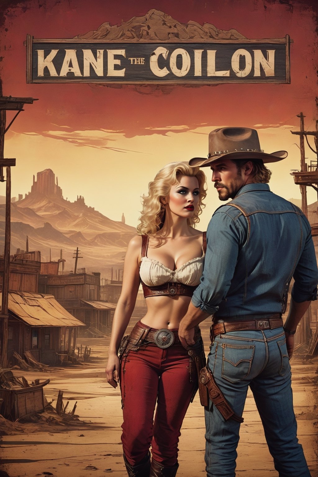 Vintage wild west 80s style movie poster, (Kane the cowboy:1.2) and (Angela an extremely beautiful blonde, American pin-up damsel in distress:1.2 ), (voluptuous breasts, tiny waist:1.2), realistic eyes, red hair, (Old Wanted scratched burned parchment paper poster style background:1.4), wild saloon scene, high noon, concept art, cinematic lighting, cinematic composition, rule of thirds, ultradetailed, ultrarealistic, 8k, octane render, sharp focus, studio photo, intricate details, highly detailed, score_9, score_8_up.