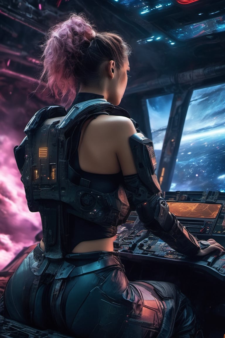 Technocore, dark atmosphere, Vaporwave art style by Karol Bak, Greg Rutkowski, Artgerm, WLOP, Back shot, Over the shoulder view, glibatree, claustrofobic Mechwarrior Cockpit interior, beautiful seated pilot woman, (amazing beautiful ass:1.2), (super huge boobs:1.3), connected by tubes, looking at a large targeting monitor with a crosshair on enemy battle tank, Laser sharp Immense detail, night, hyperrealistic art, extremely high-resolution details, photographic, realism pushed to extreme, fine texture, incredibly lifelike,photo r3al,cyborg style
