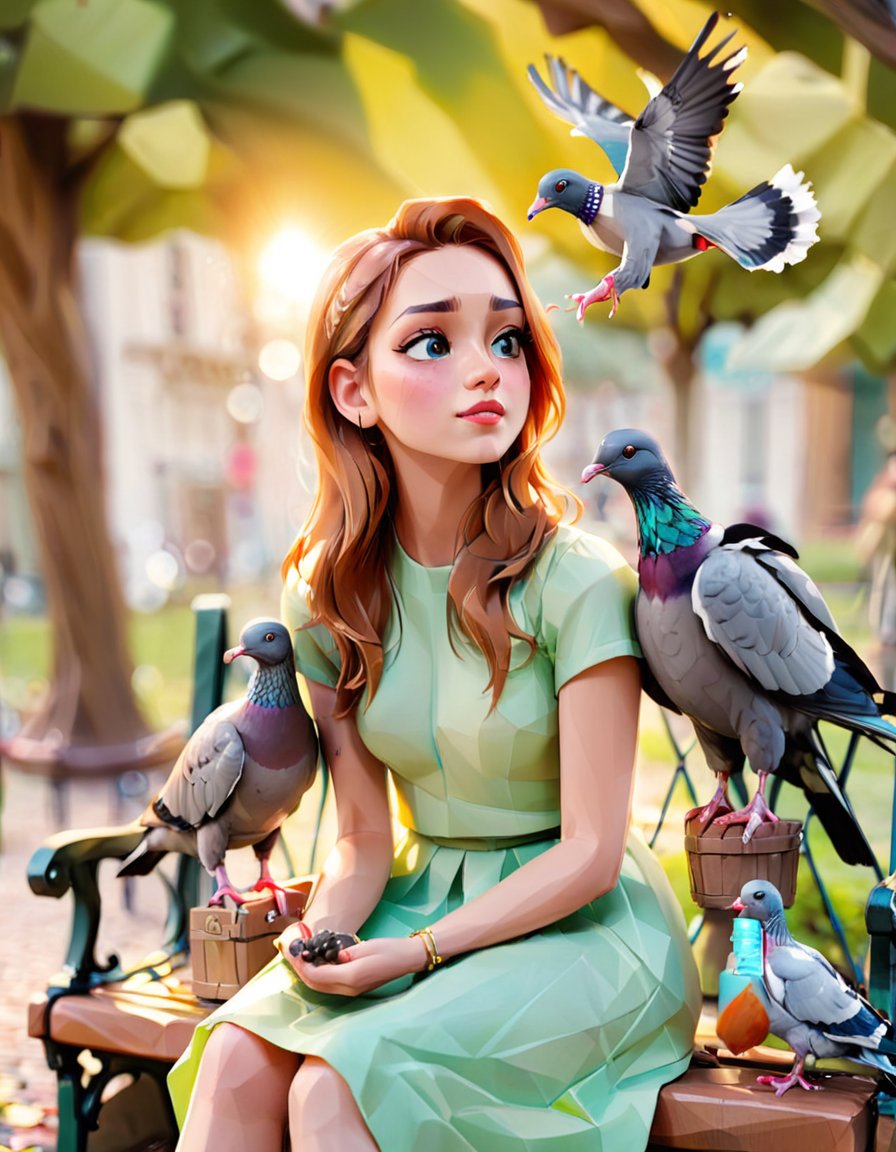 a beautiful girl sitting in a park bench feeding pigeons
