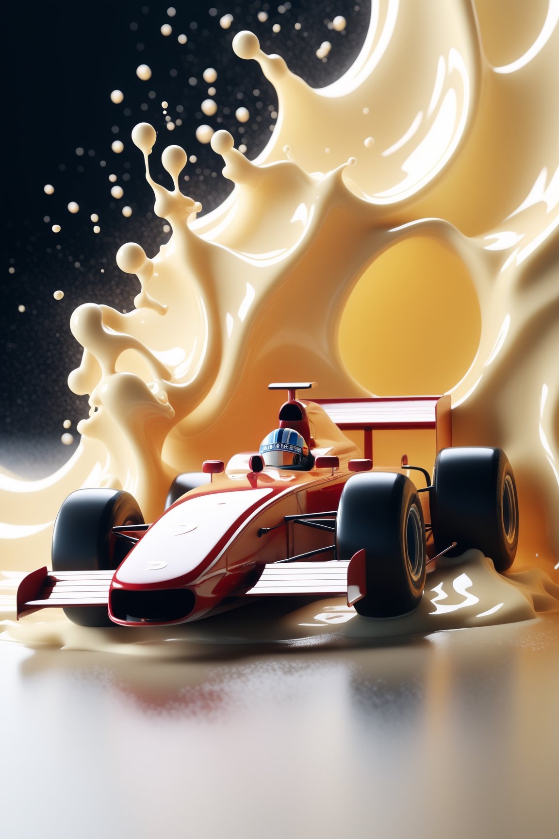 create a retro classic formula 1 race car made of milk, splashed, drips, subsurface scattering, translucent, 100mm,Movie Still,detailmaster2,Film Still,make_3d,aesthetic portrait